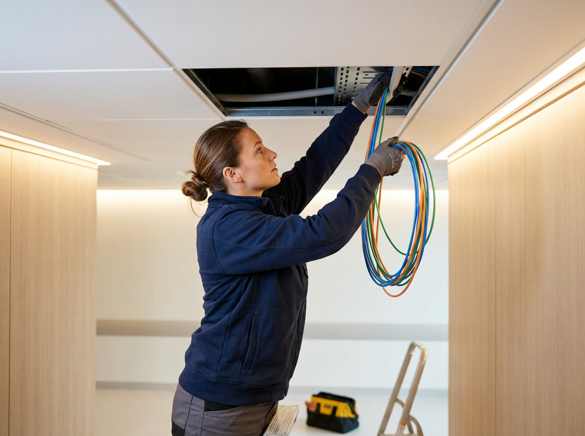 A woman in a navy-blue jacket and gray gloves is working on electrical wiring in a ceiling panel, holding multiple colorful wires in her hands.