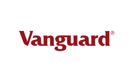 Vanguard logo with red text on black background.
