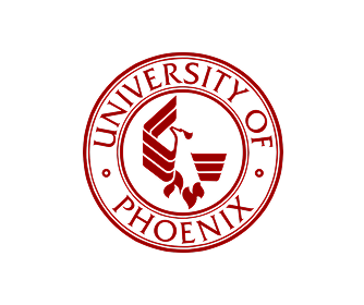 The University of Phoenix logo featuring a red circular seal with a stylized person reading a book and the university's name