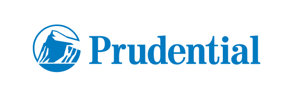 Prudential logo with a blue emblem of a stylized mountain and rock formation, and the word "Prudential" in blue.