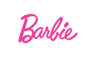Pink Barbie logo on a black background.