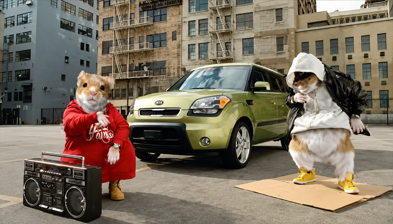 Two hamsters dressed in urban streetwear pose in an empty parking lot with a green Kia Soul. One hamster wears a red hoodie, tan boots, and a gold watch, standing next to a large boombox. The other hamster wears a white hoodie, black leather jacket, yellow sneakers, and stands on a piece of cardboard, with an urban building backdrop.