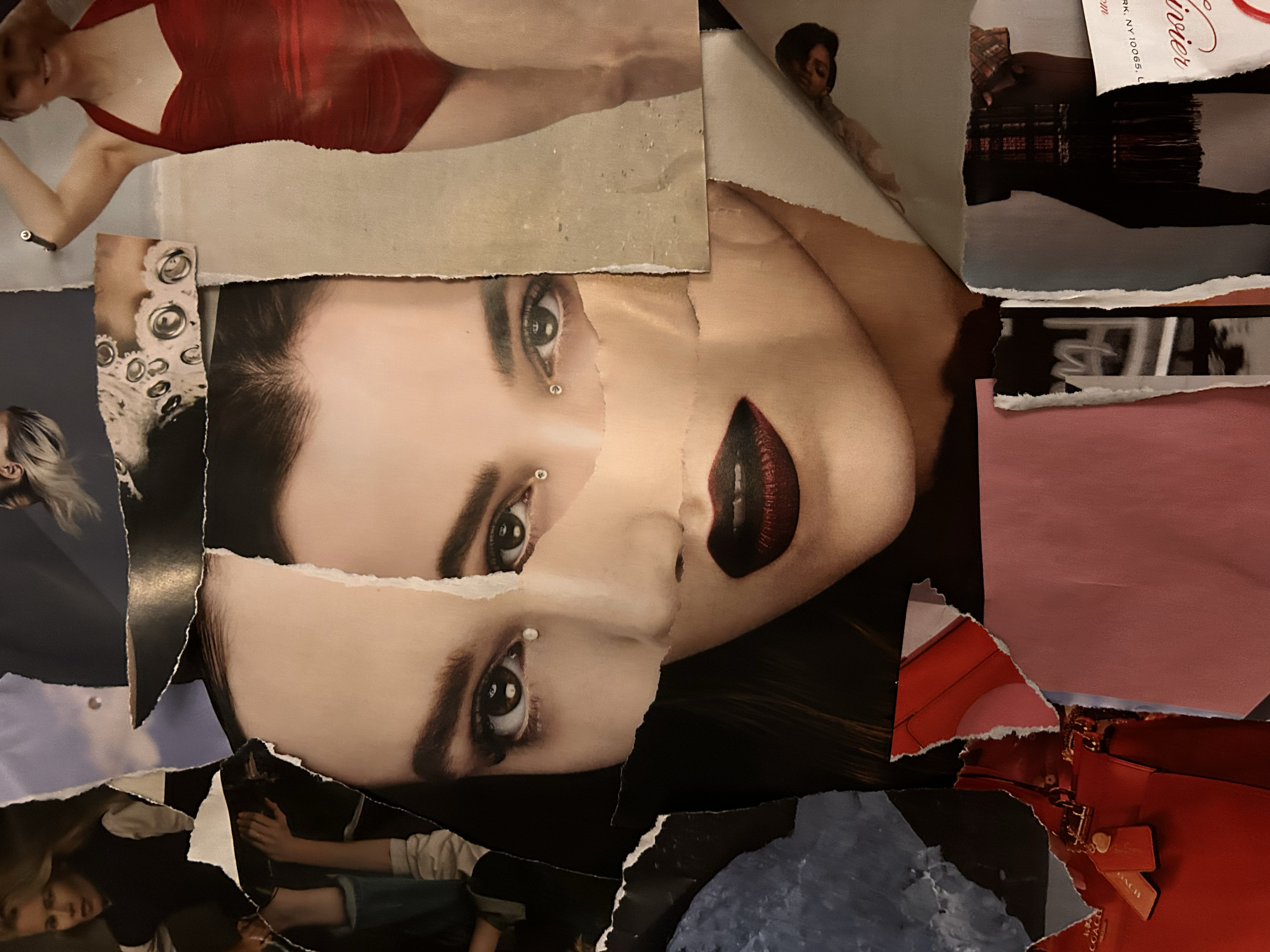 A collage of torn magazine or poster images featuring a woman with dark hair, makeup, and earrings, with a primarily close-up focus on her face and eyes.