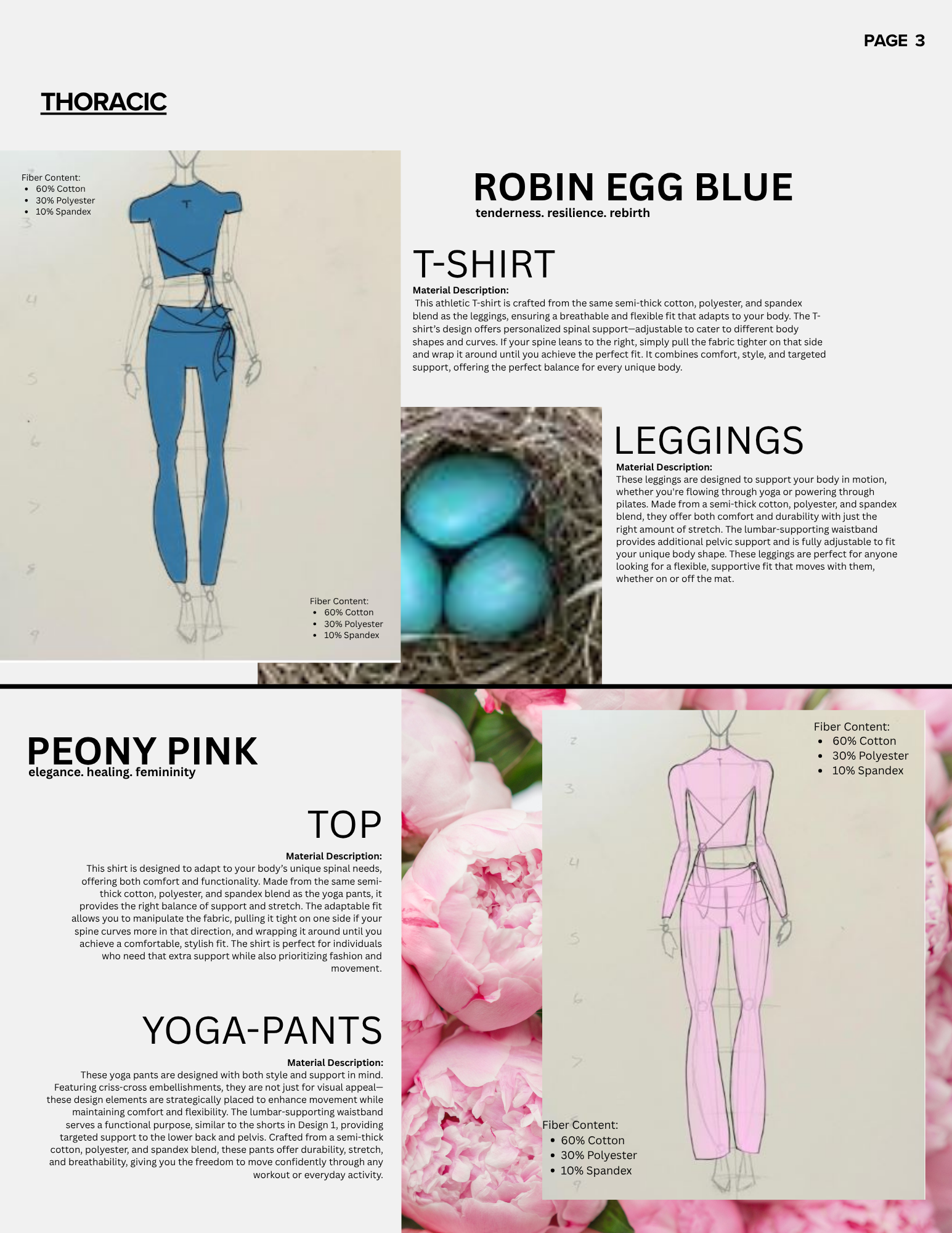 A fashion catalog page displaying different types of activewear. It features a sketch of a blue T-shirt with details about its material content, and sections describing leggings, yoga pants, and a pink top, with accompanying images and descriptions o