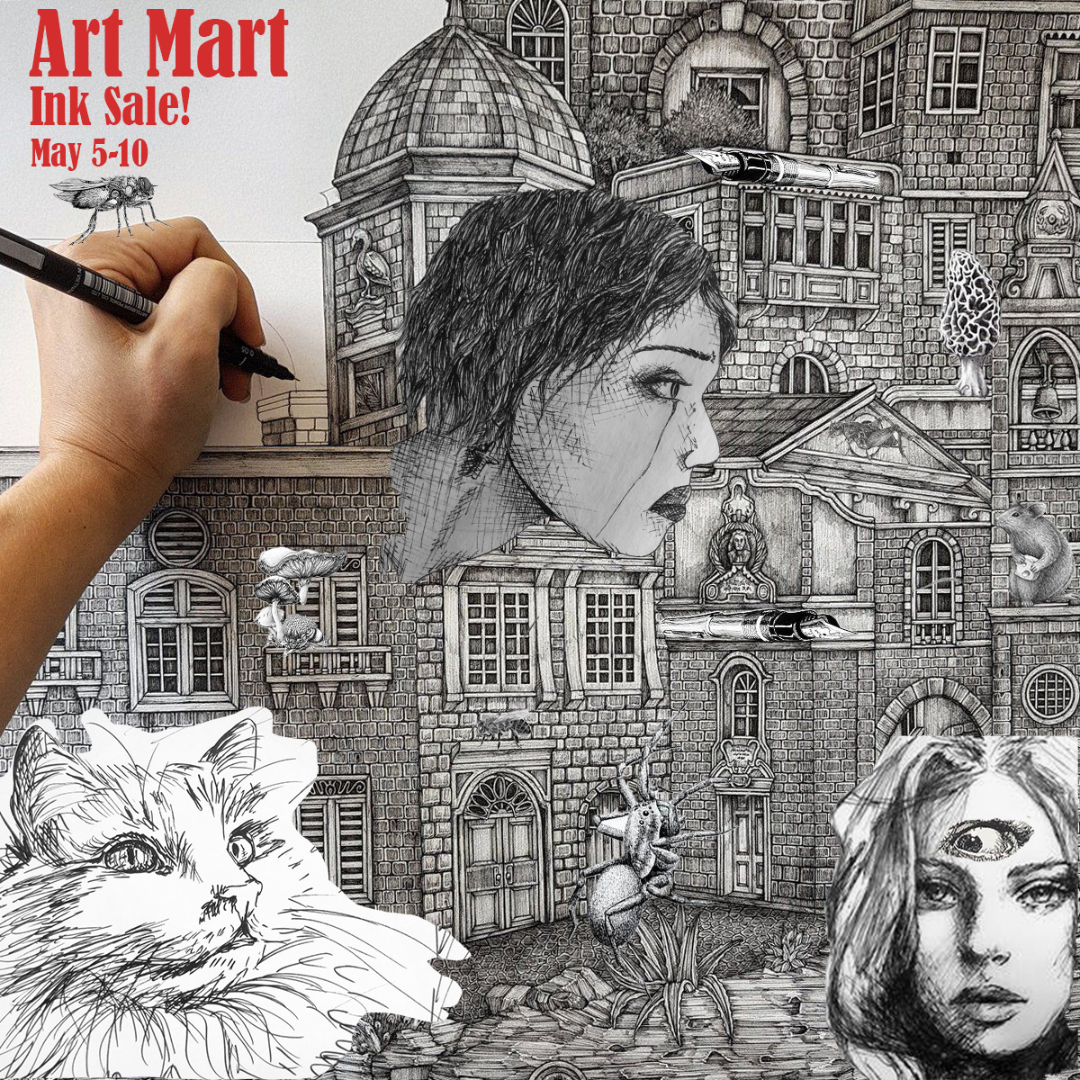 A detailed black-and-white drawing of a woman's face in profile, surrounded by a cityscape with multiple buildings with windows and doors, a large feline, a human-like face with a third eye, a rat, a beetle, mushrooms, and a bee with a hand holding a
