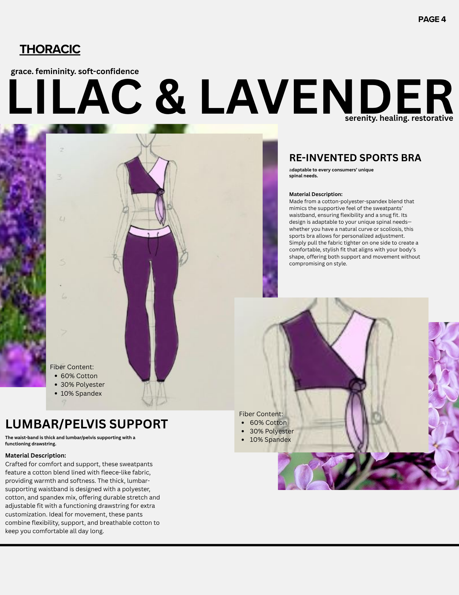 Page 4 of a document featuring a design sketch and description of Lilac & Lavender sports bras, emphasizing their supportive, customizable features, made from a cotton-polyester-spandex blend, suitable for spinal needs, with fabric content details no