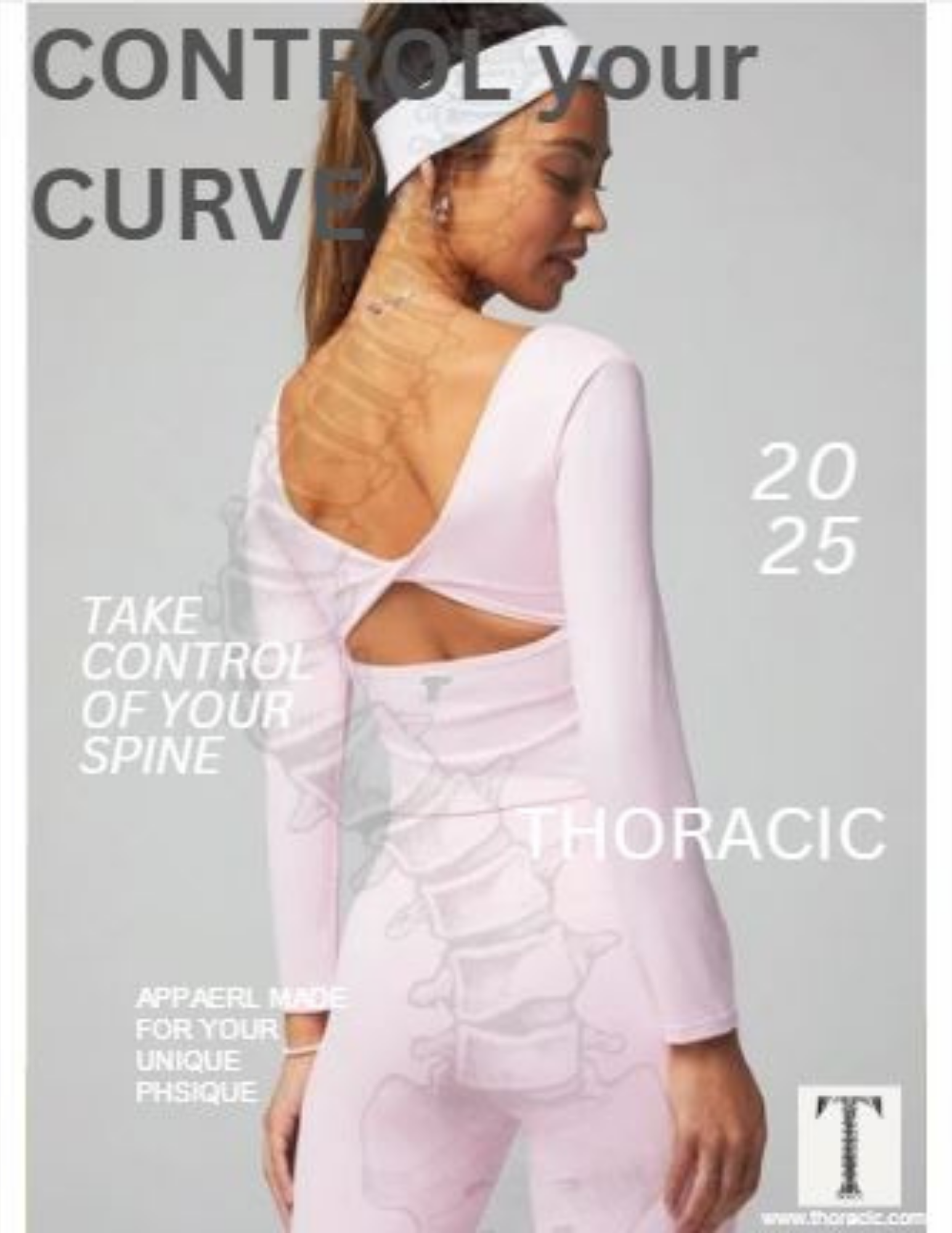 A woman with long hair wearing a white top and headband, showing her back and side. White text over the image says, 'Control your curve.' Additional text mentions 2025 and phrases like 'Take control of your spine' and 'Apparel made for your unique ph