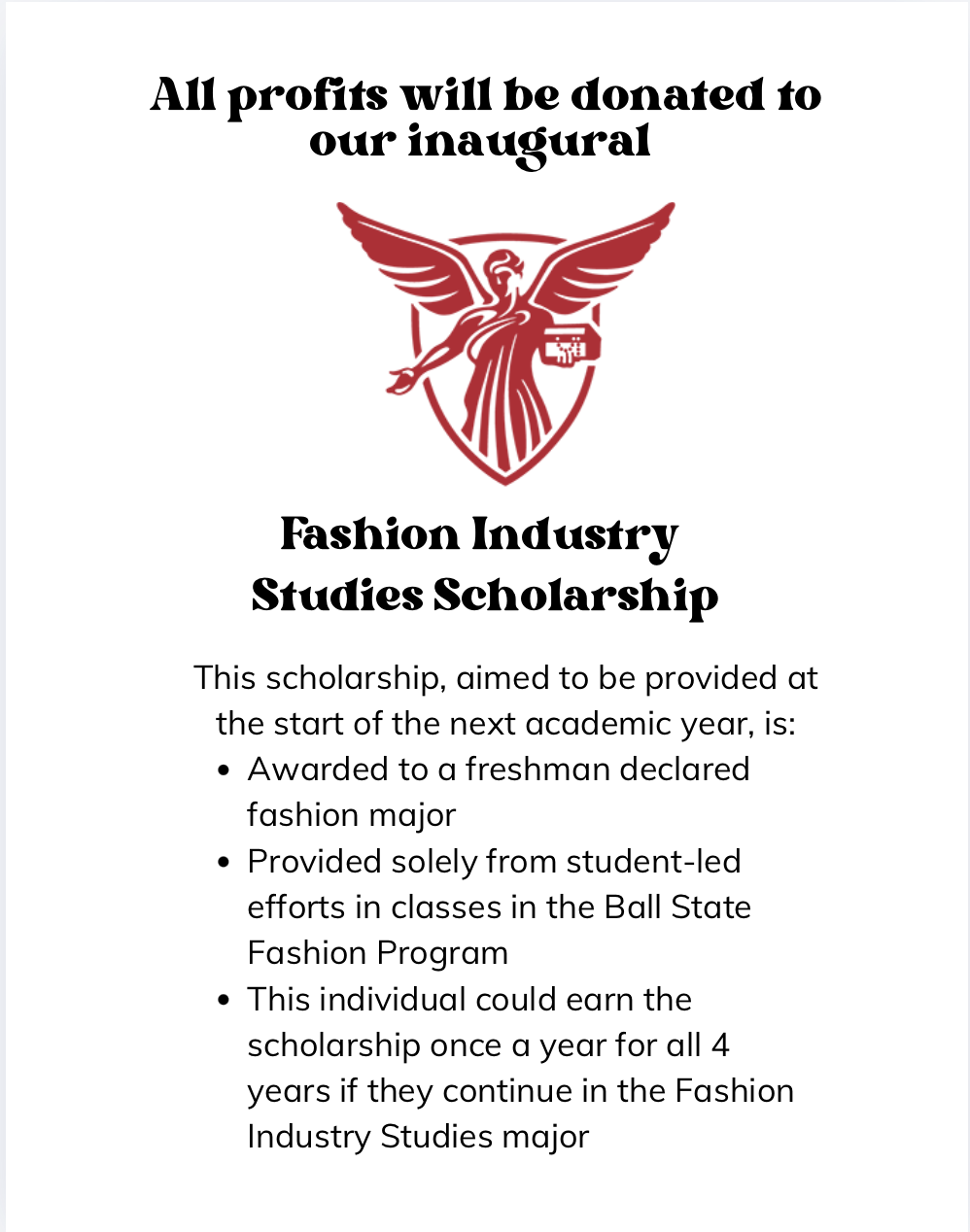 Scholarship flyer for the Fashion Industry Studies Scholarship with a red emblem of a winged figure holding a tablet, and text outlining scholarship details and criteria.