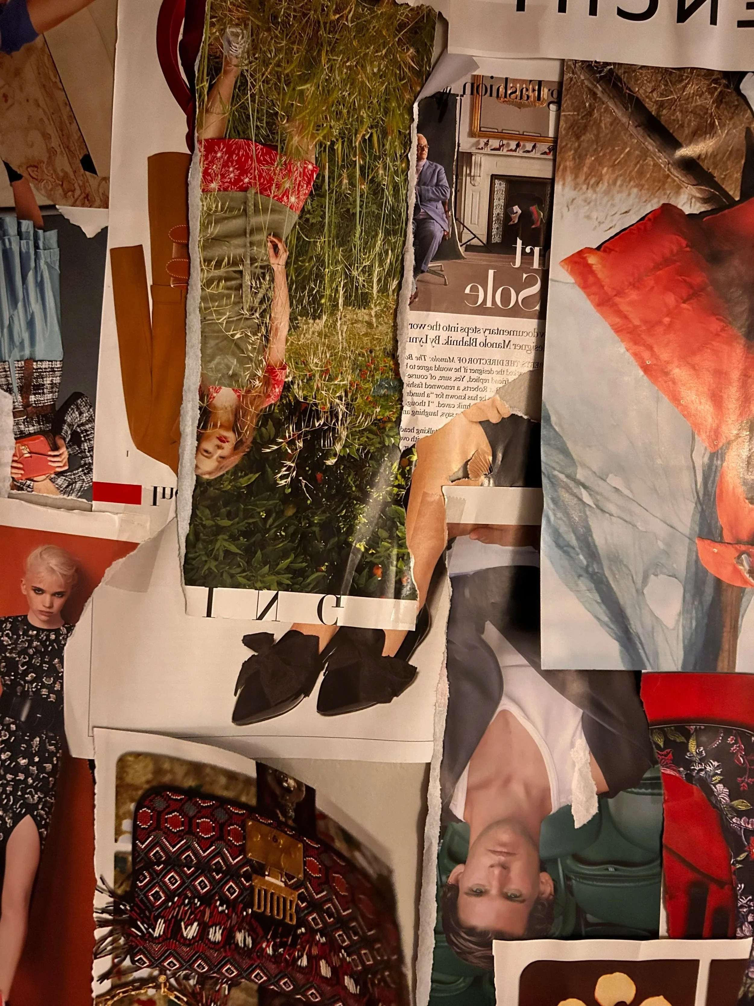 Collage of torn magazine pages with various images including a woman in a red dress in a field, a person sitting in a room, shoes, pillows, a handbag, and patterned fabric.
