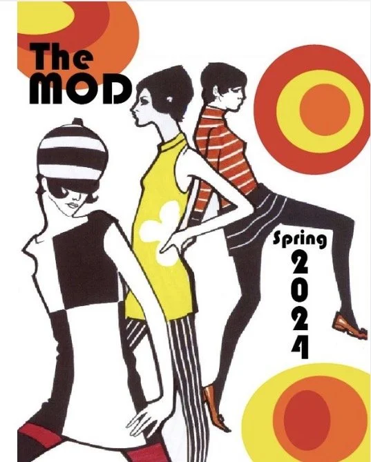 Fashion illustration featuring three women in colorful, striped, and patterned clothing, with bold graphic circles and text promoting 'The MOD' spring 2024 collection.