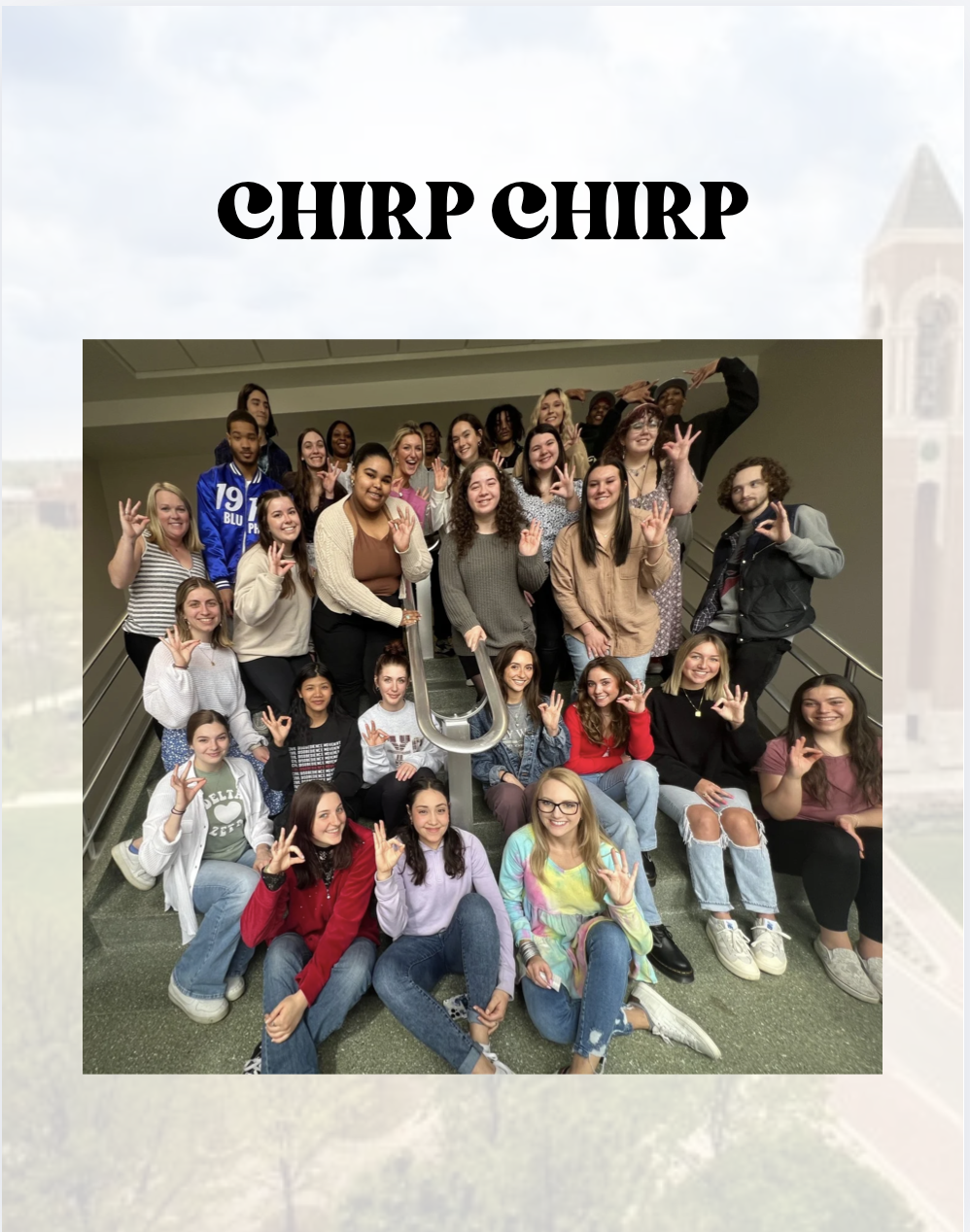 A group of smiling young women and men posing on a staircase, some making the OK hand gesture, with the words 'Chirp Chirp' above them.