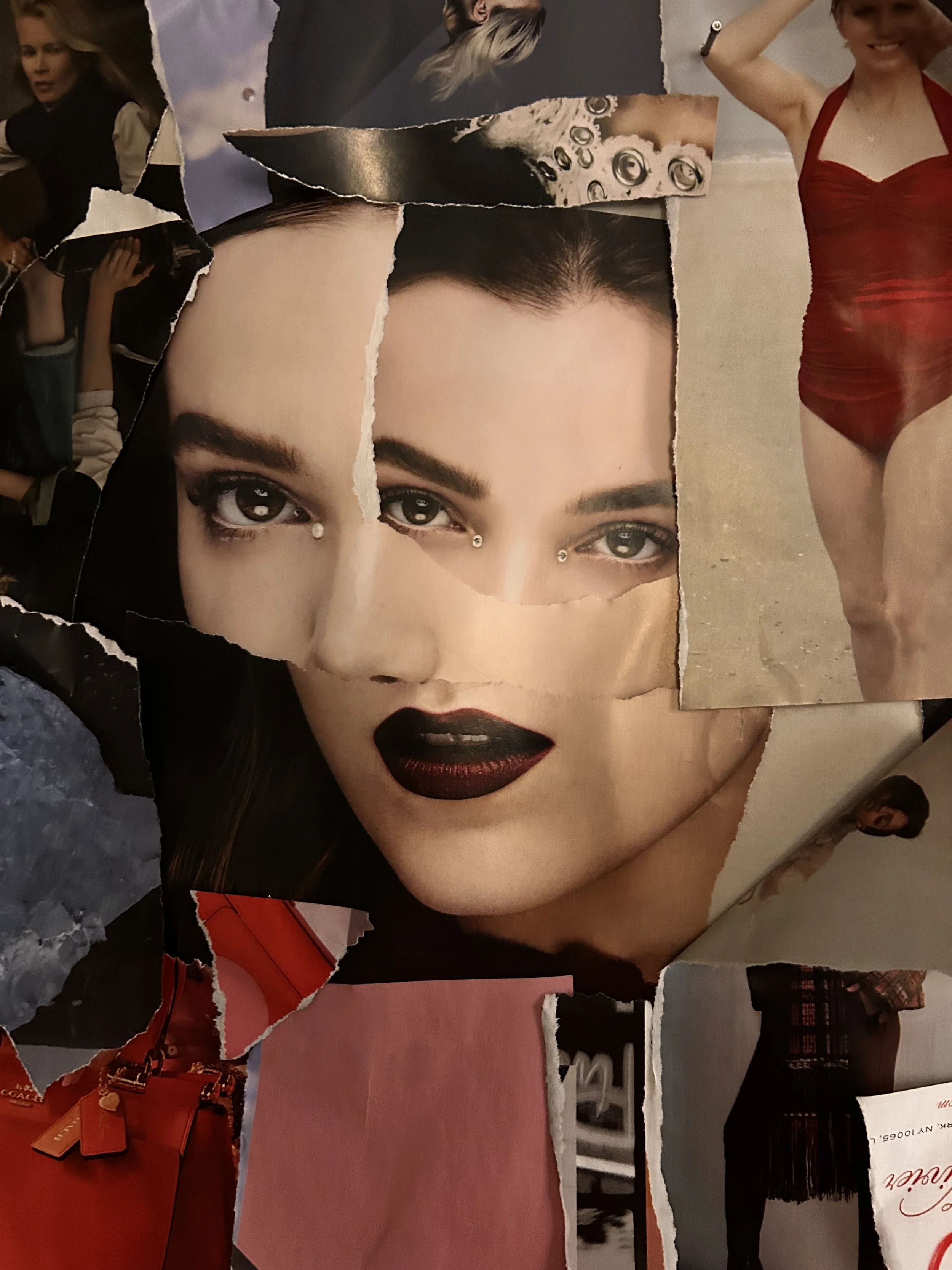 Torn collage of fashion images, including a woman in a red swimsuit, a woman in black accessories with an ocean background, and a close-up of a woman's face with dark lipstick and eye makeup.