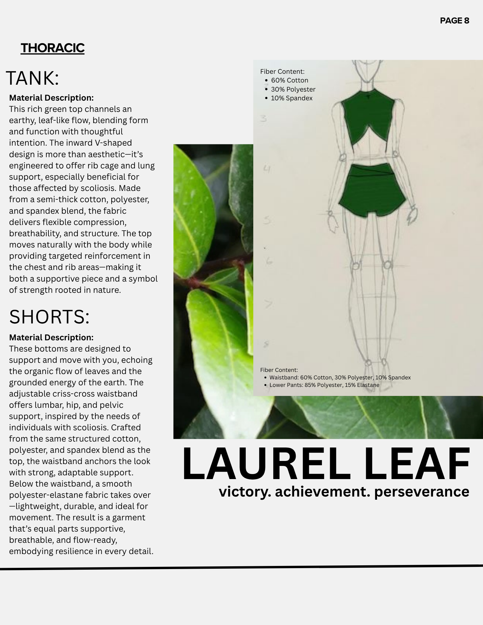 A page from a design or fashion catalog with sections titled 'Thoracic' and 'Shorts'. It includes descriptions of fabric materials, color compositions, and sketches of clothing items. The page features a drawing of a female figure with green clothing
