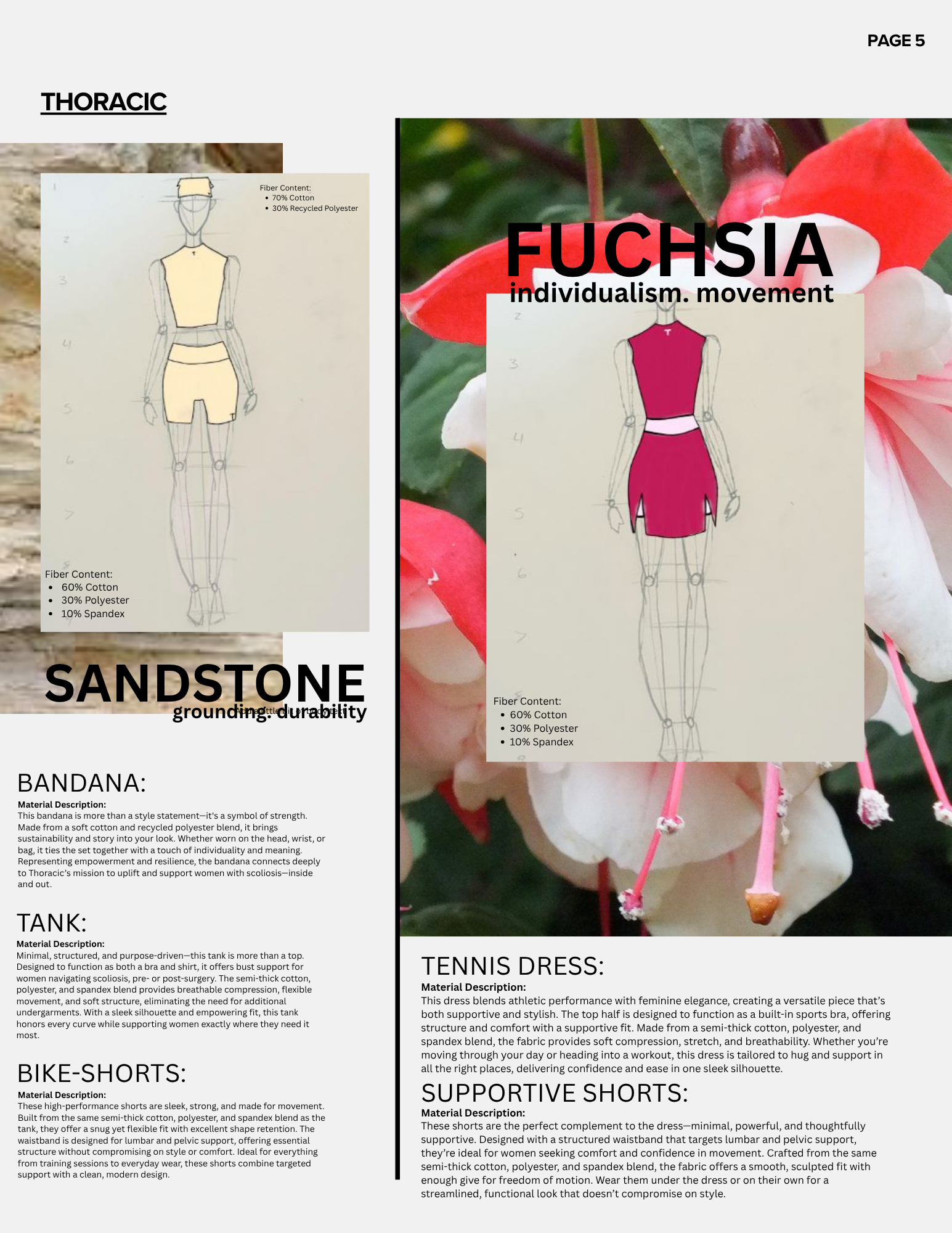 A page from a fashion or sportswear catalog featuring sketches and descriptions of athletic clothing and accessories, including a thoracic harness, bandana, tank top, tennis dress, bike-shorts, and supportive shorts. The background shows pink flowers