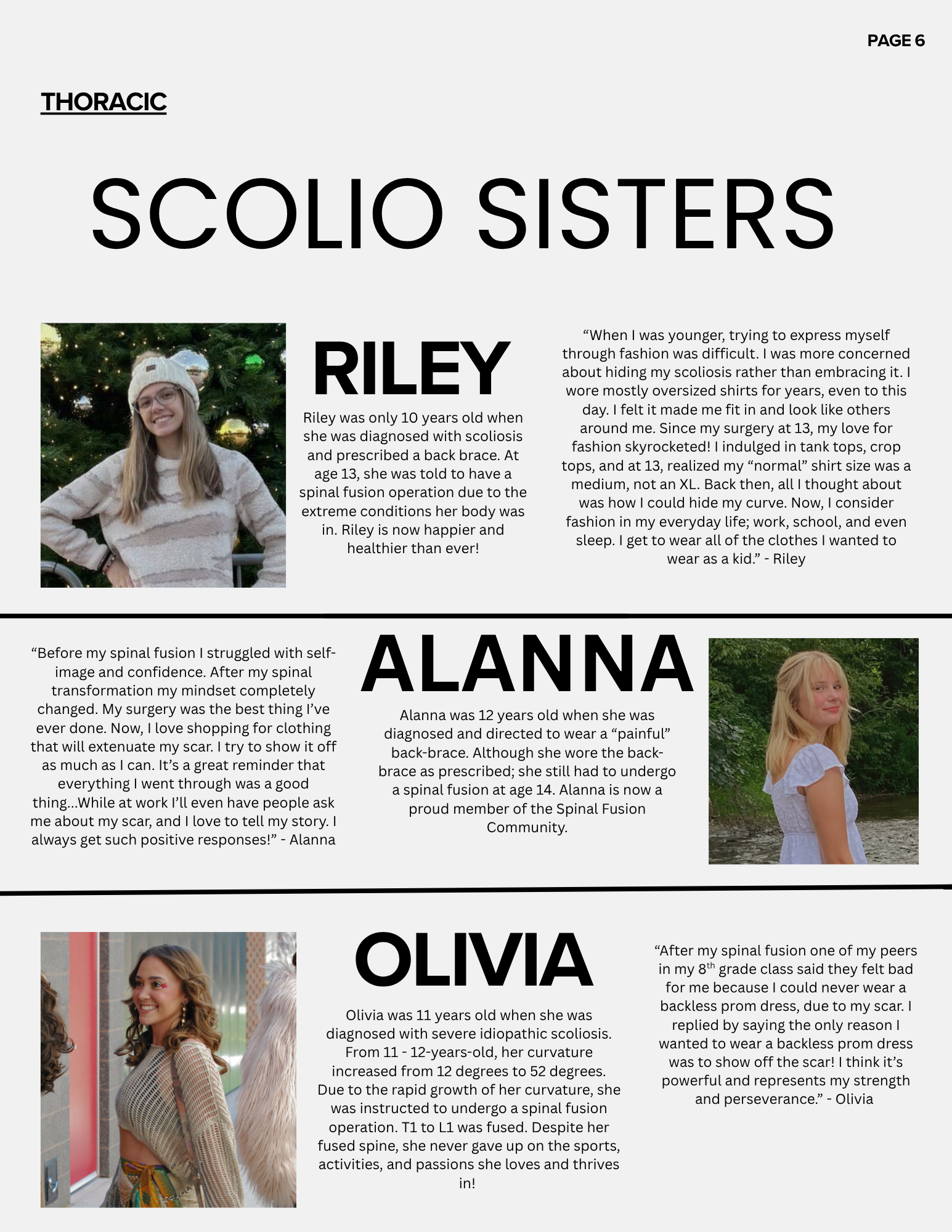 Compilation of stories and photos of young women named Riley, Alanna, and Olivia, sharing their experiences with scoliosis and surgeries.
