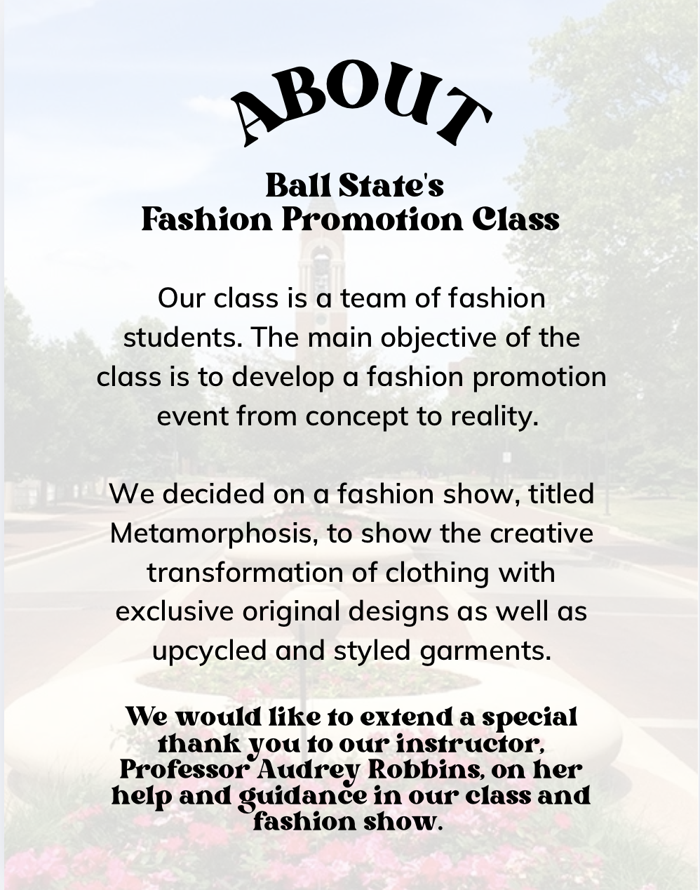 Class announcement poster for Ball State's fashion promotion class with text explaining the project and thanks to instructor Audrey Robbins.