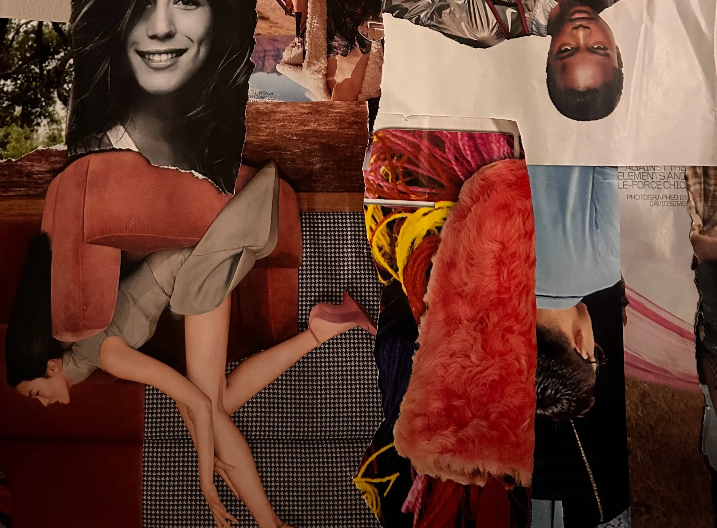 Various cutouts of people, including a woman's face smiling, a woman lying on a couch, a man with sunglasses, and others, combined into a collage with different textures and patterns.