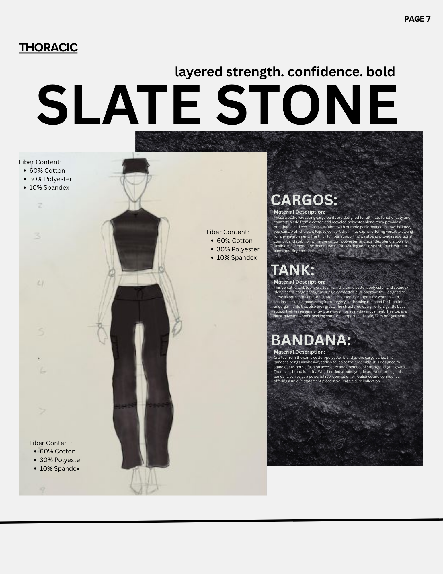 Design page about slate stone, featuring text highlighting layered strength, confidence, and boldness, with details on cargo material composition and description of cargo pants, tank top, and bandana with fabric content and material details.