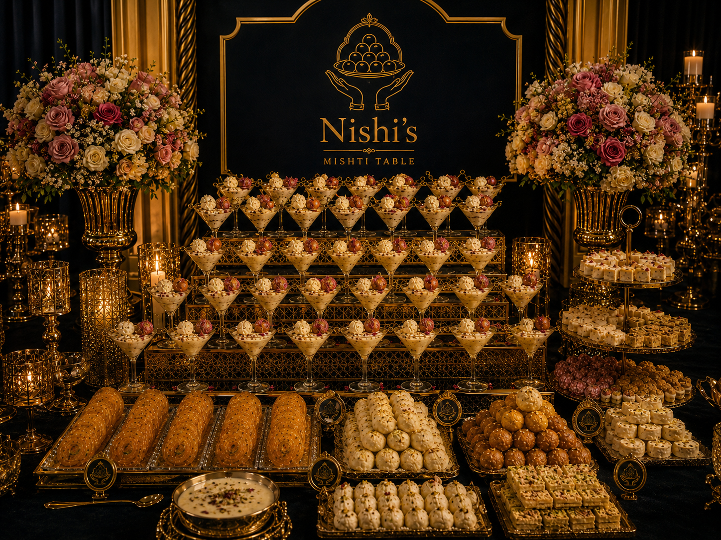 Elegant dessert table with gold accents, featuring rose bouquets, candles, and an assortment of sweets including mousse cups, pastries, and cake rolls for Nishis Mishti Table celebration.