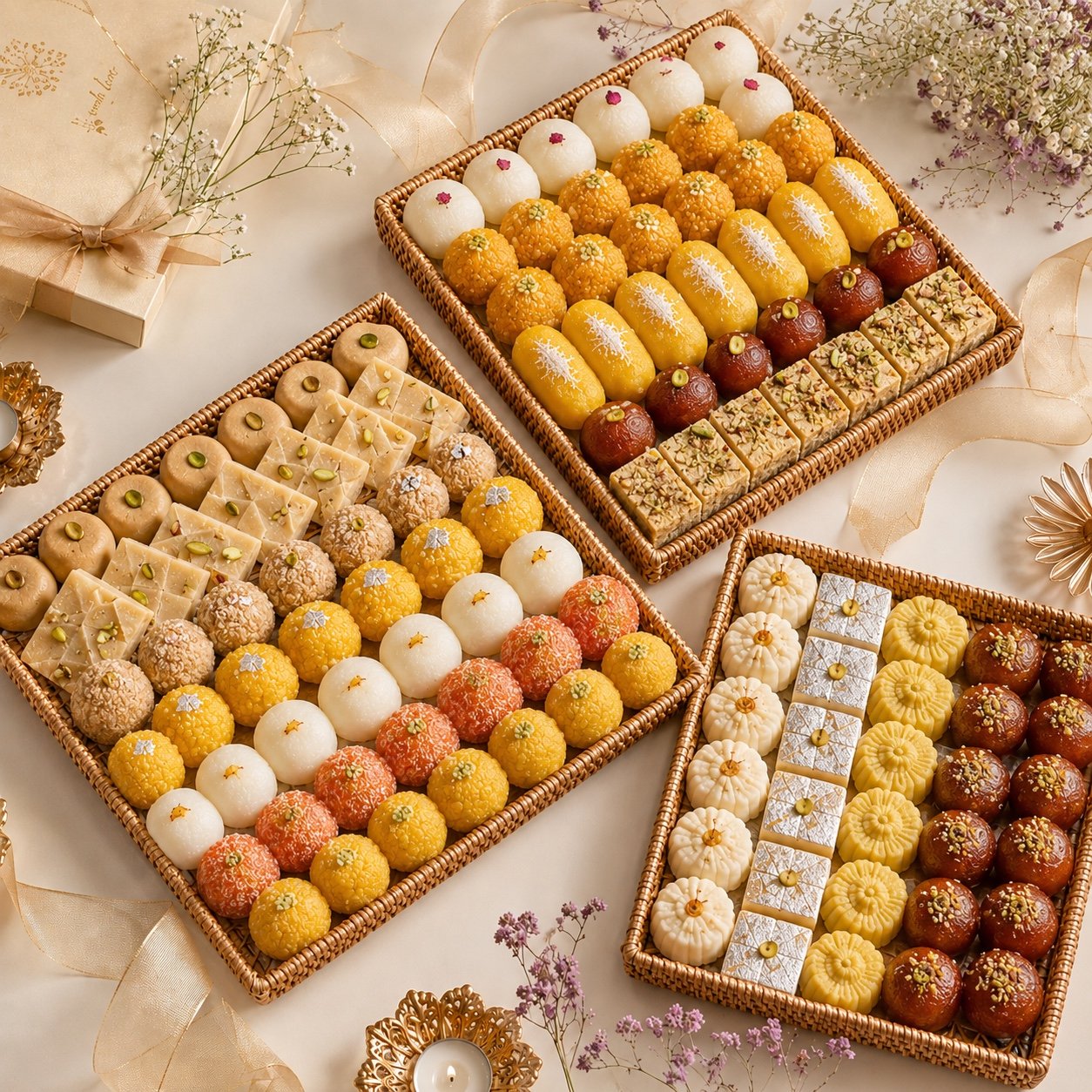 Assorted traditional Middle Eastern desserts arranged in rectangular woven baskets on a white decorative table, decorated with flowers and ribbons.
