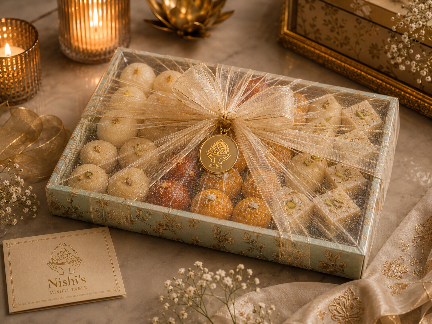 A decorative box of assorted Indian sweets, including pedas and barfis, wrapped with a golden ribbon and tag, surrounded by candles and floral decorations.