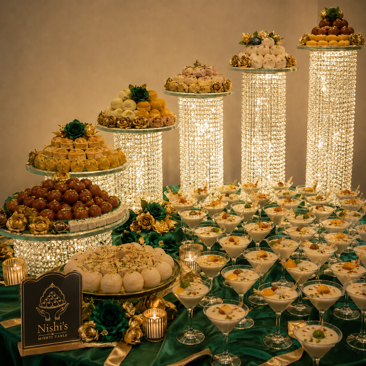 Elegant dessert table featuring multiple tiers of assorted petits fours and desserts, displayed on illuminated crystal stands, with martini glasses filled with creamy dessert topped with fruit, surrounded by golden and green floral decorations and candles.