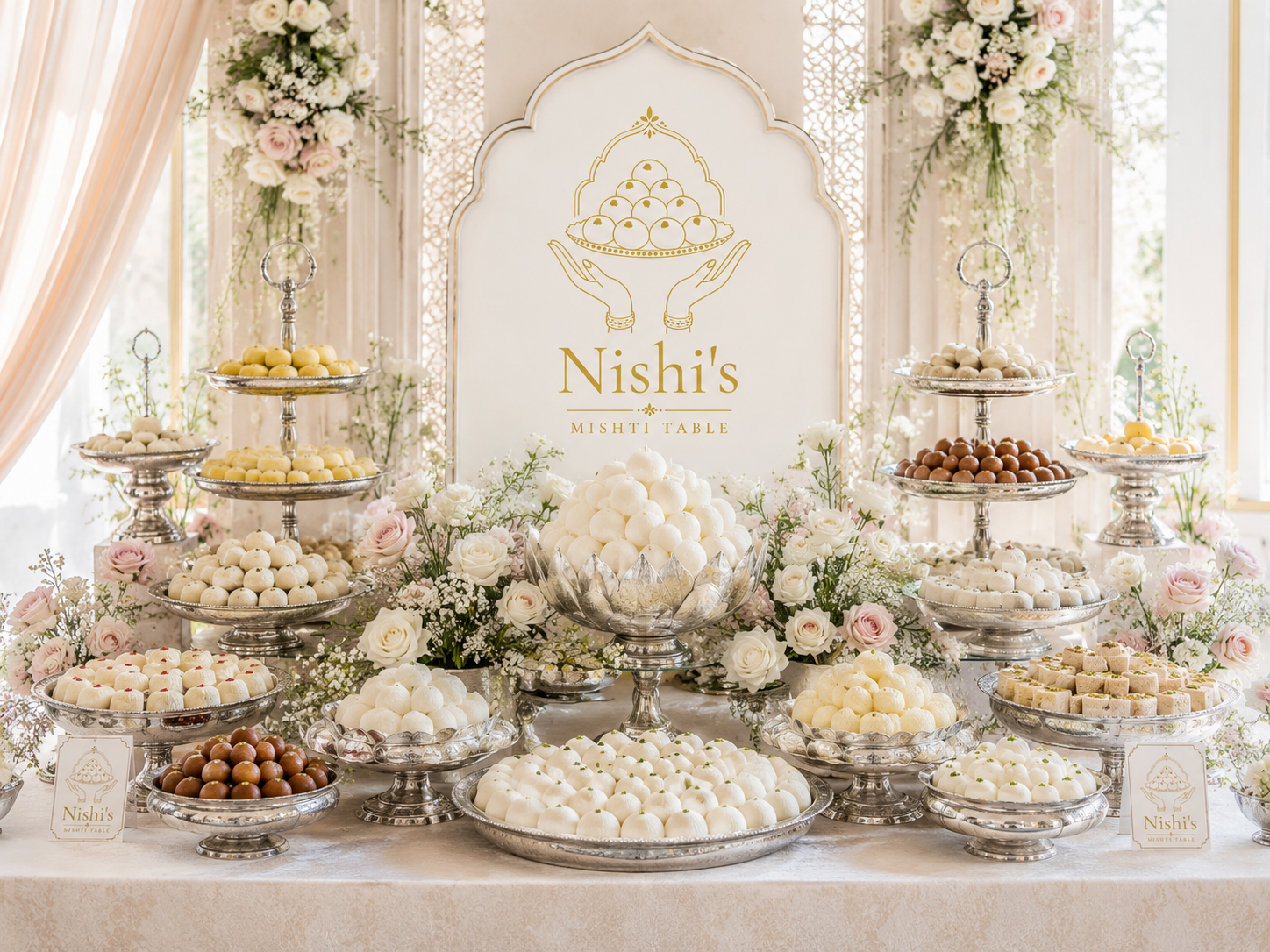 Dessert table with various sweets on tiered silver trays, surrounded by white and pink roses and greenery, with a white sign reading 'Nishi's Misthi Table' in gold lettering.