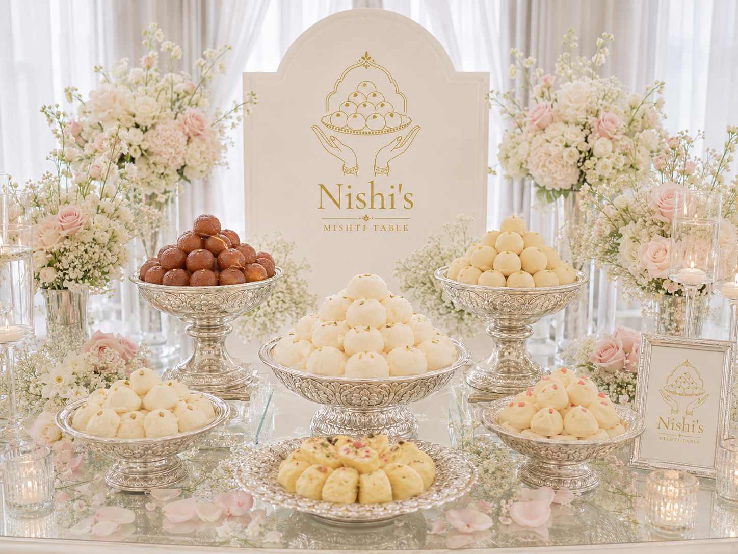 An elegant dessert table with various white and pink floral arrangements, silver bowls filled with assorted round sweets, and a large sign with a gold logo and text for 'Nishi's Mishti Table' at a celebration event.