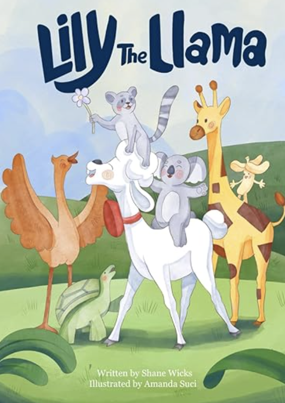 Cover of Lily The Llama children’s book by Shane Wicks featuring Lily and animal friends