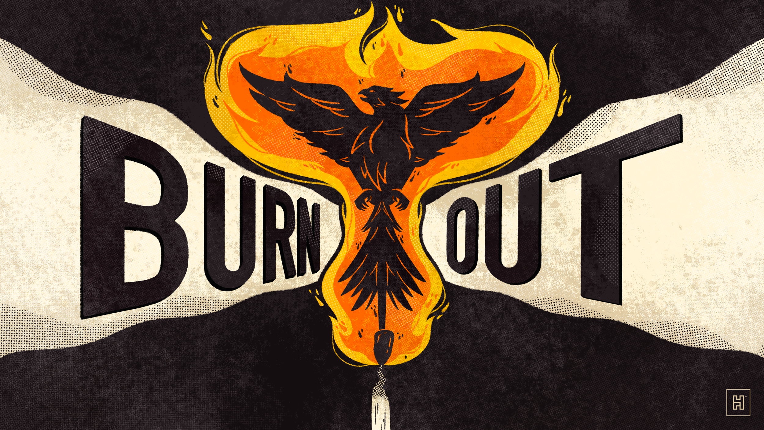Burnout — A phoenix rising from its own ashes — a visual metaphor for burnout as something to move through, not stay in.