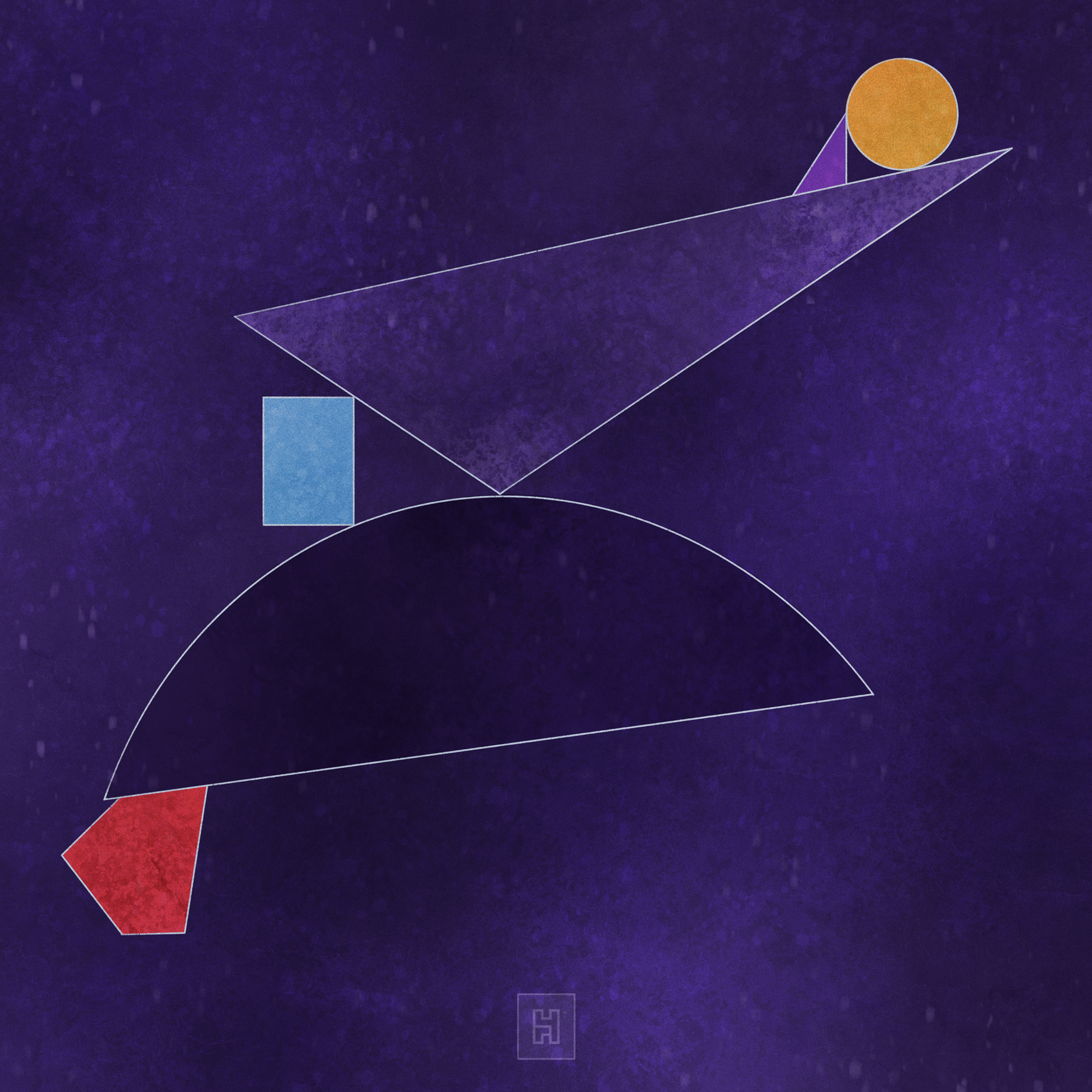 Figures — Abstract geometric composition on a deep purple textured background — a large elongated triangle balancing an orange circle and small violet triangle at its tip, resting on a dark semicircle, with a blue rectangle and red pentagon arranged 