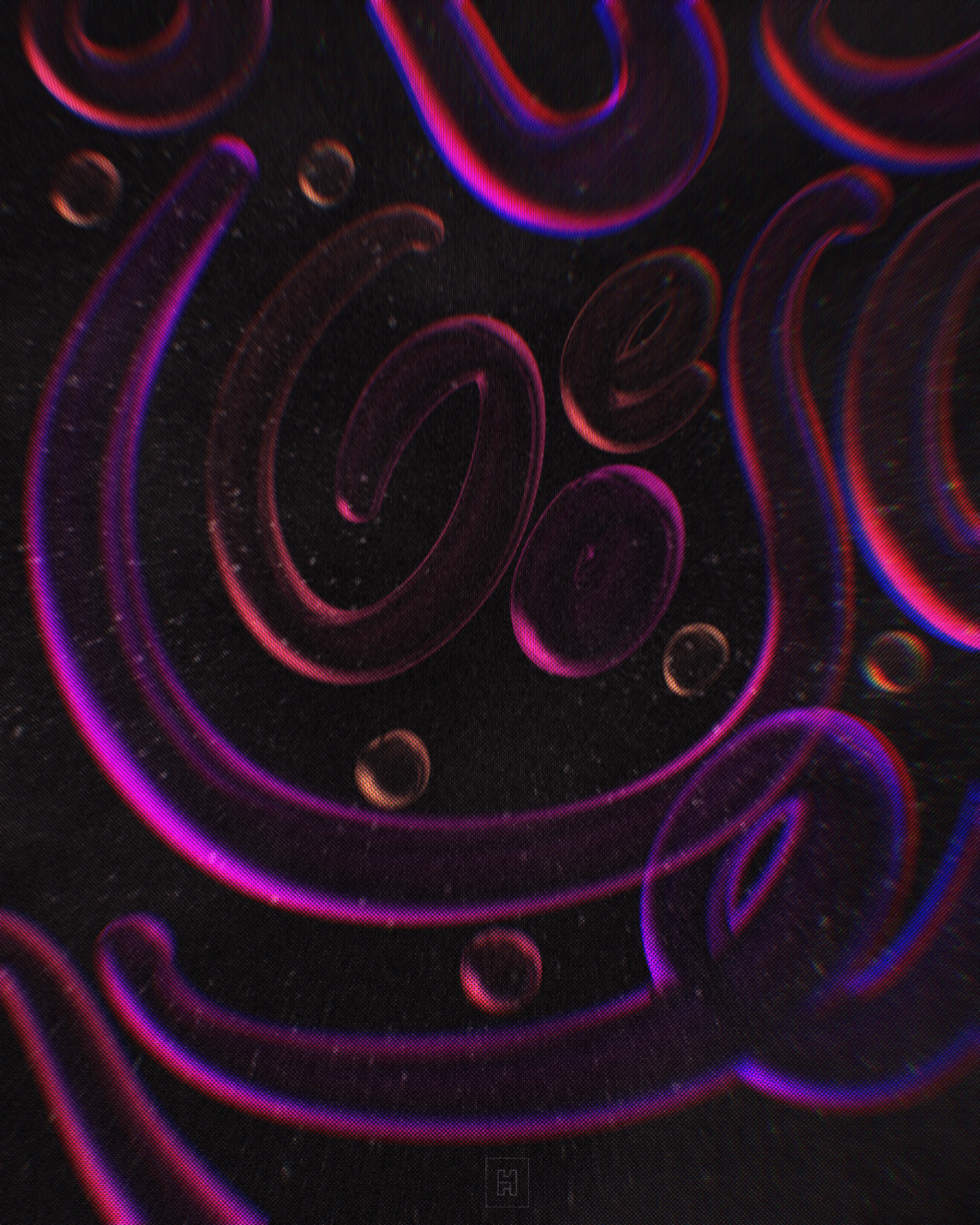Experimental — Abstract close-up of hand-lettered script, distorted with a neon-toned chromatic aberration effect in purple, magenta, and blue against black.