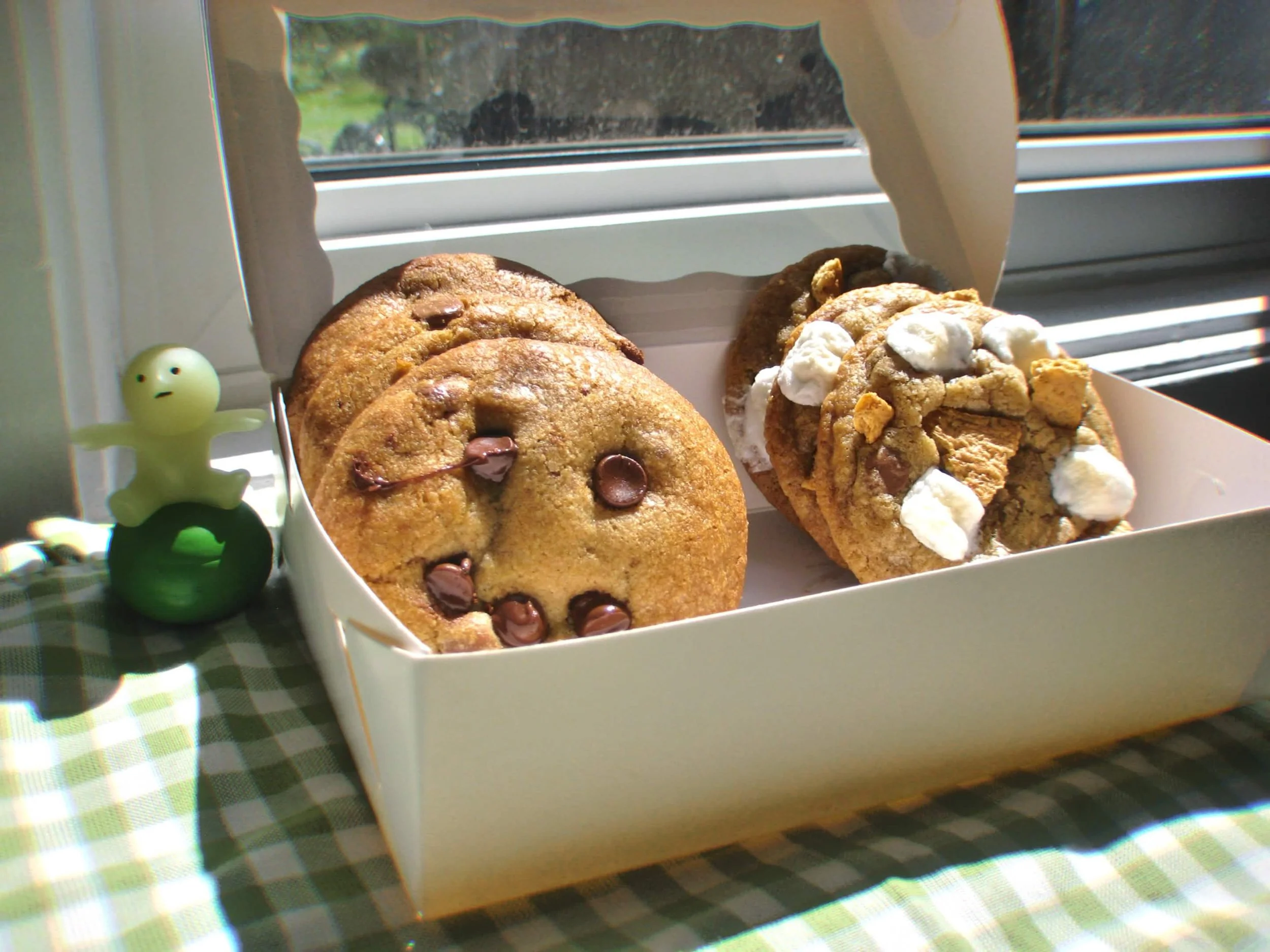A white box of assorted cookies with chocolate chips and marshmallows placed on a checkered tablecloth near a window.
