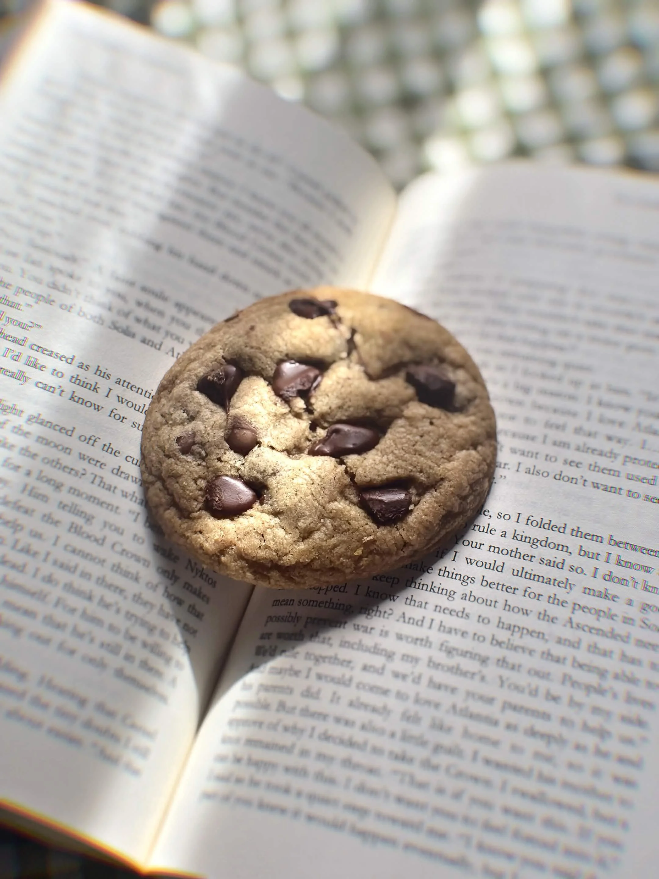 An open book with visible text and a chocolate chip cookie resting on its pages, with the background showing blurry shapes and light.