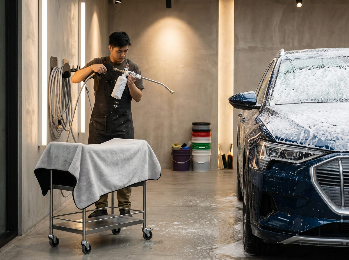 Man washing a black car with foam in an indoor car wash facility.