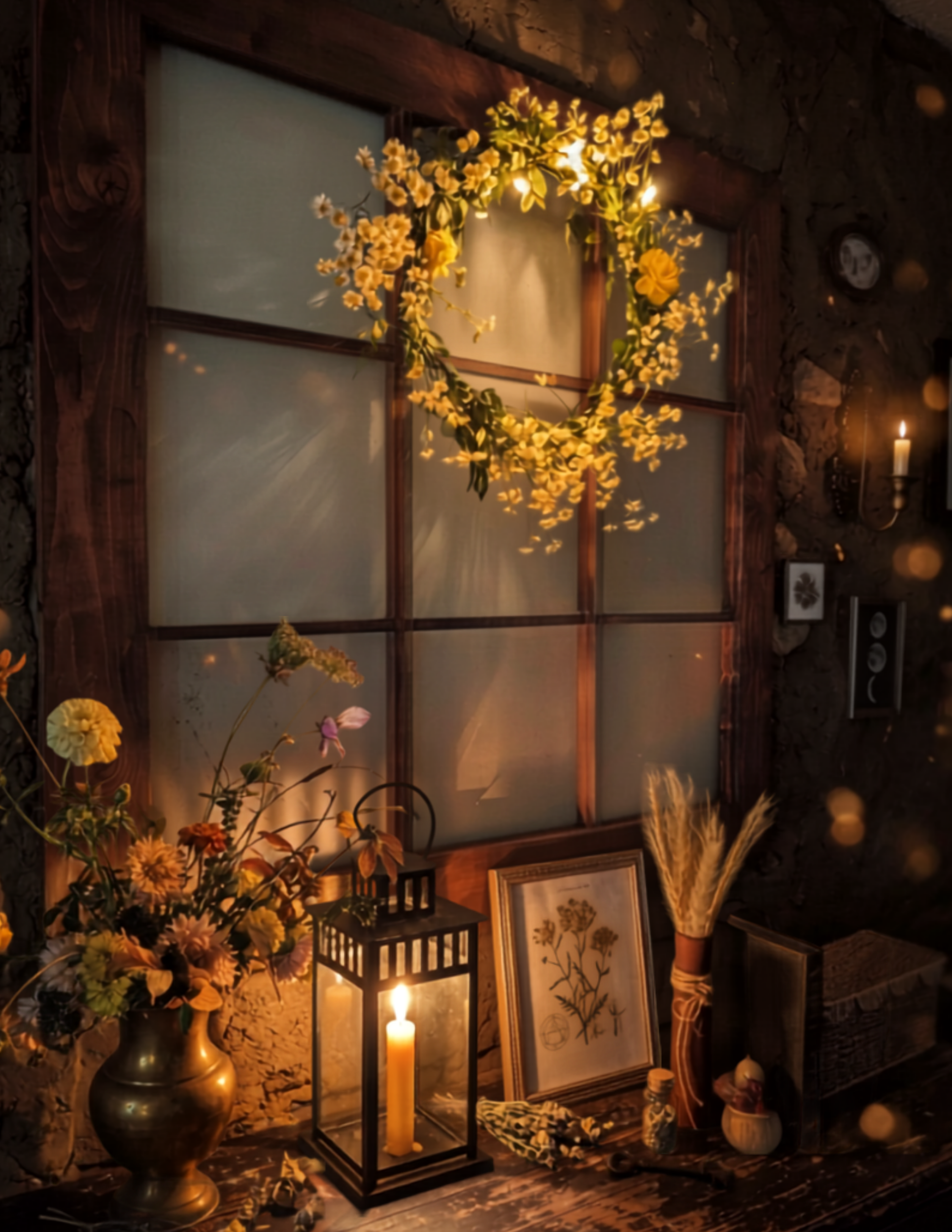A rustic floral and candle display featuring framed botanical prints, fresh flowers, candle lanterns, and decorative items arranged on a wooden surface against a stone wall.