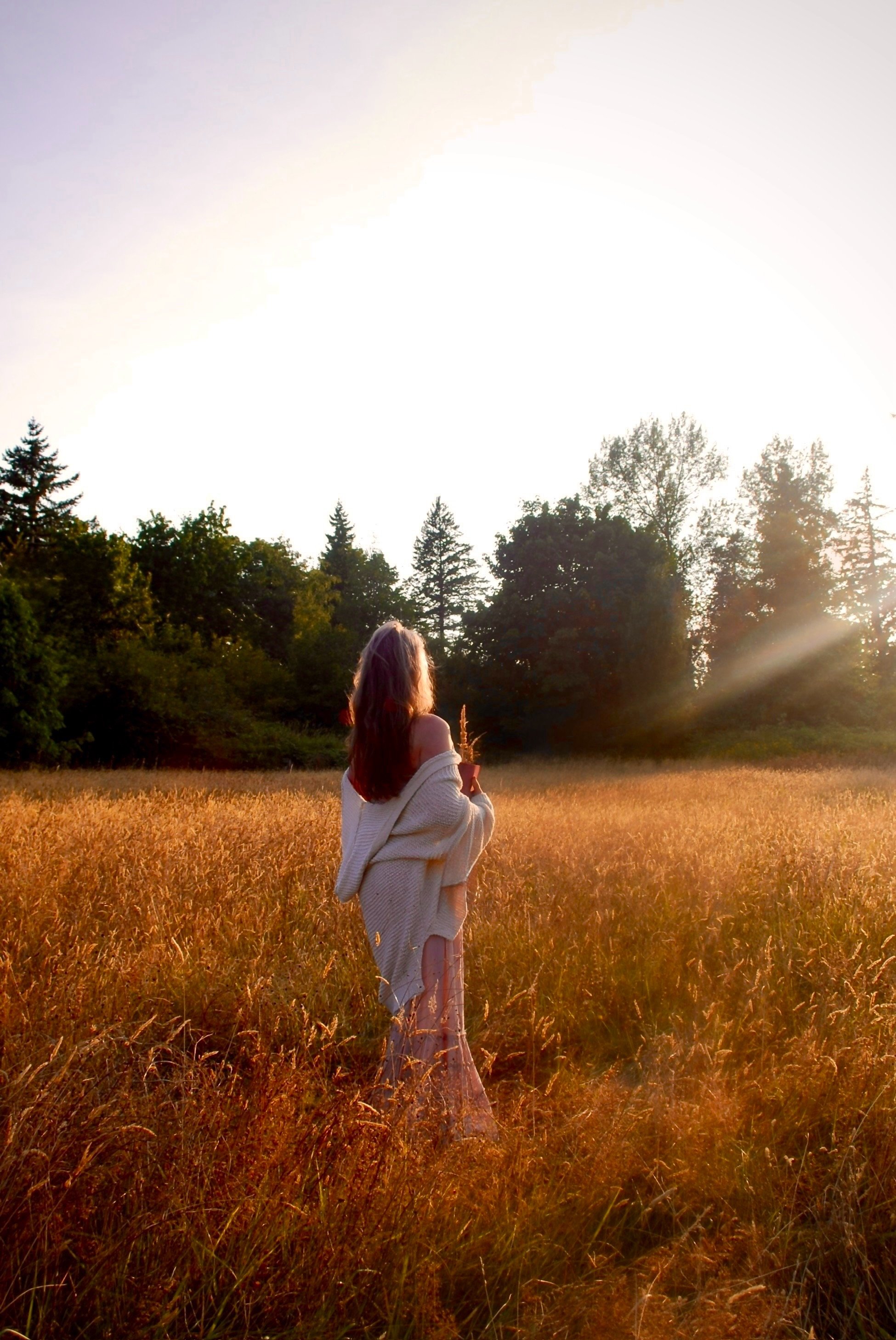 A woman with long hair is standing in a field of tall golden grass, facing away from the camera, during sunset with trees in the background.