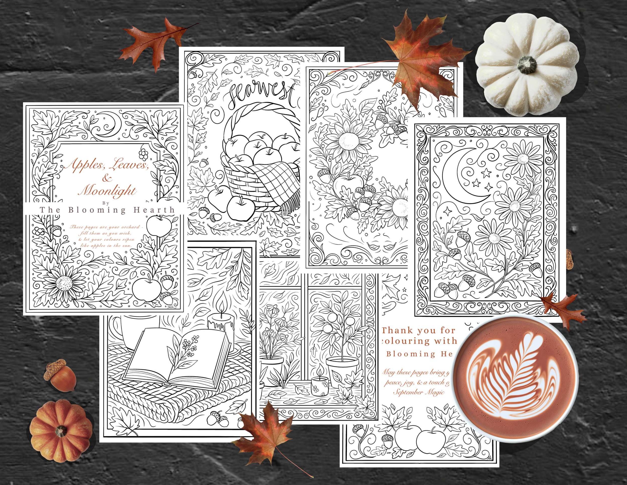 Apples, Leaves, & Moonlight - Autumn Colouring Pages