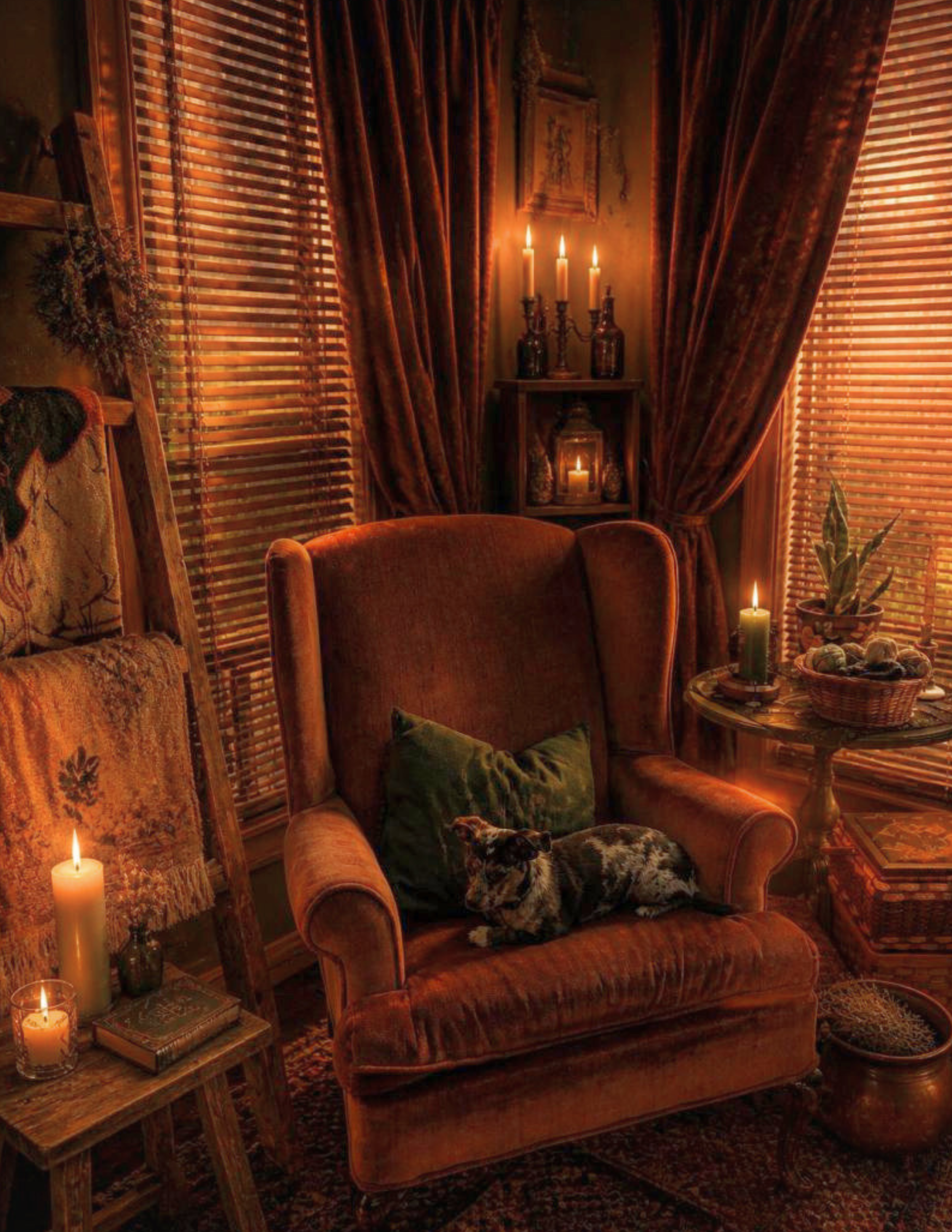 A cozy corner of a room with warm lighting from candles and soft sunlight coming through wooden blinds. There is an orange velvet armchair, a small wooden side table with candles and a basket of decorative objects, and a decorative wall hanging.