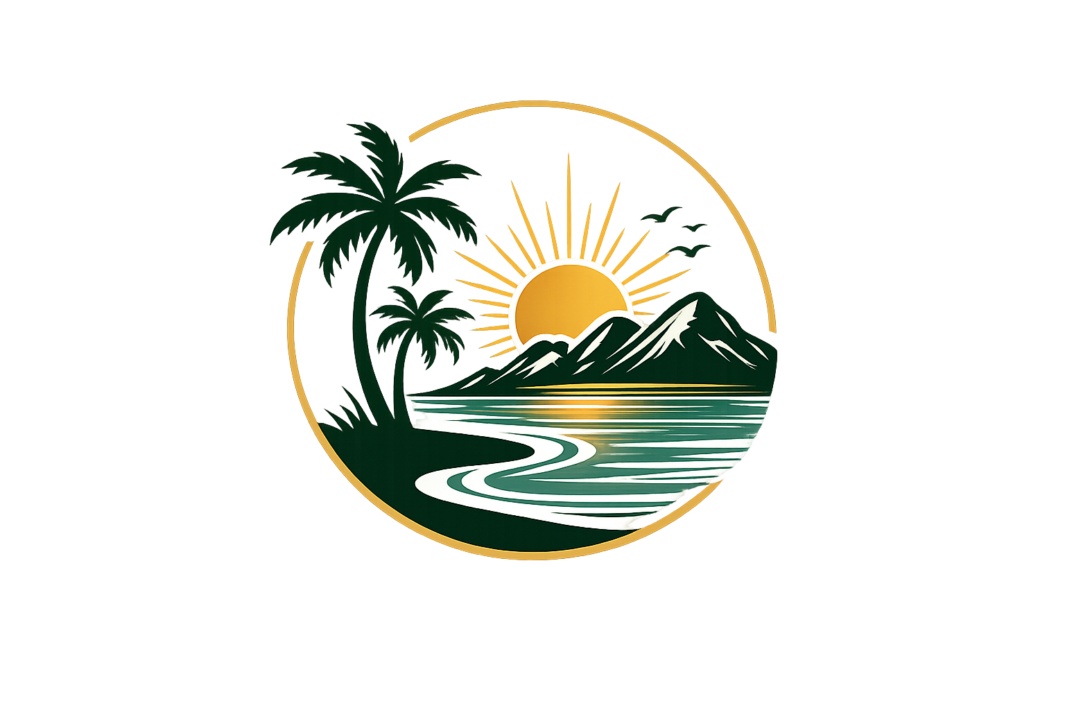 A circular logo depicting a tropical landscape with palm trees, mountains, a river, the sun, and seagulls, using bold colors like green, yellow, black, and white.