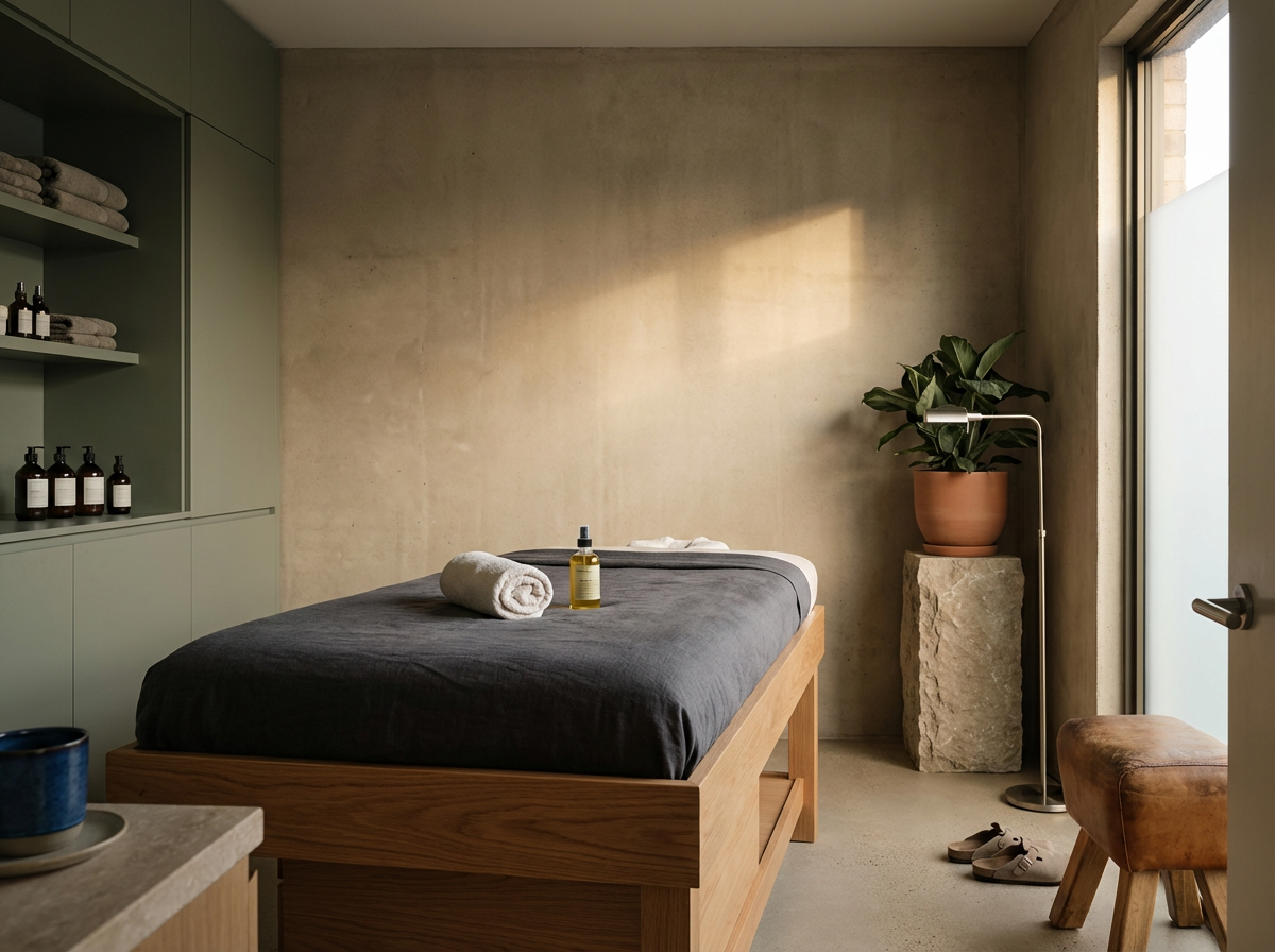 Minimalist bedroom with a massage table covered in a dark sheet, pillows, and towels. Green cabinetry with bottles and towels on shelves, potted plant on a stone stand, floor lamp, and a sliding glass door letting in natural light.