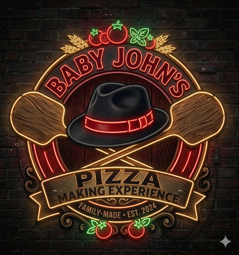 Neon sign with tomatoes, leaves, and wheat graphics, reading 'Baby John’s Pizza Making Experience, Family-Made, Est. 2024,' featuring a black fedora hat with red band, crossed wooden paddles, all mounted on a brick wall.