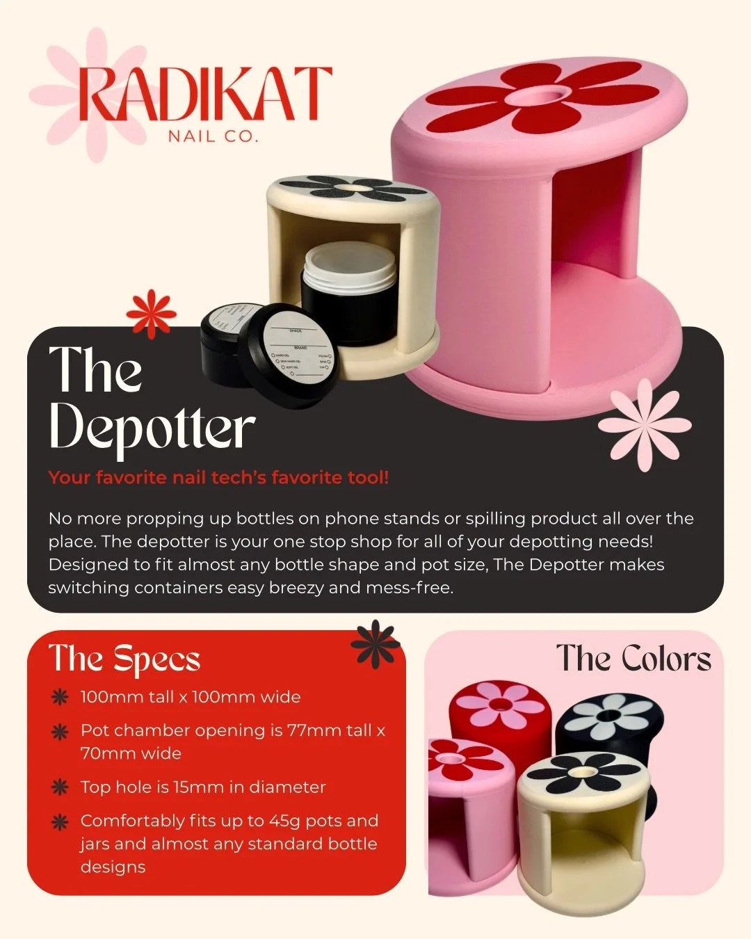 Starting out my line of tools for nails techs with my favorite, The Depotter 🖤🌸&hearts;️

I got so sick of trying to prop up my gel bottles on a phone stand in order to get the gels into a pot that I decided to just make something instead. Depottin