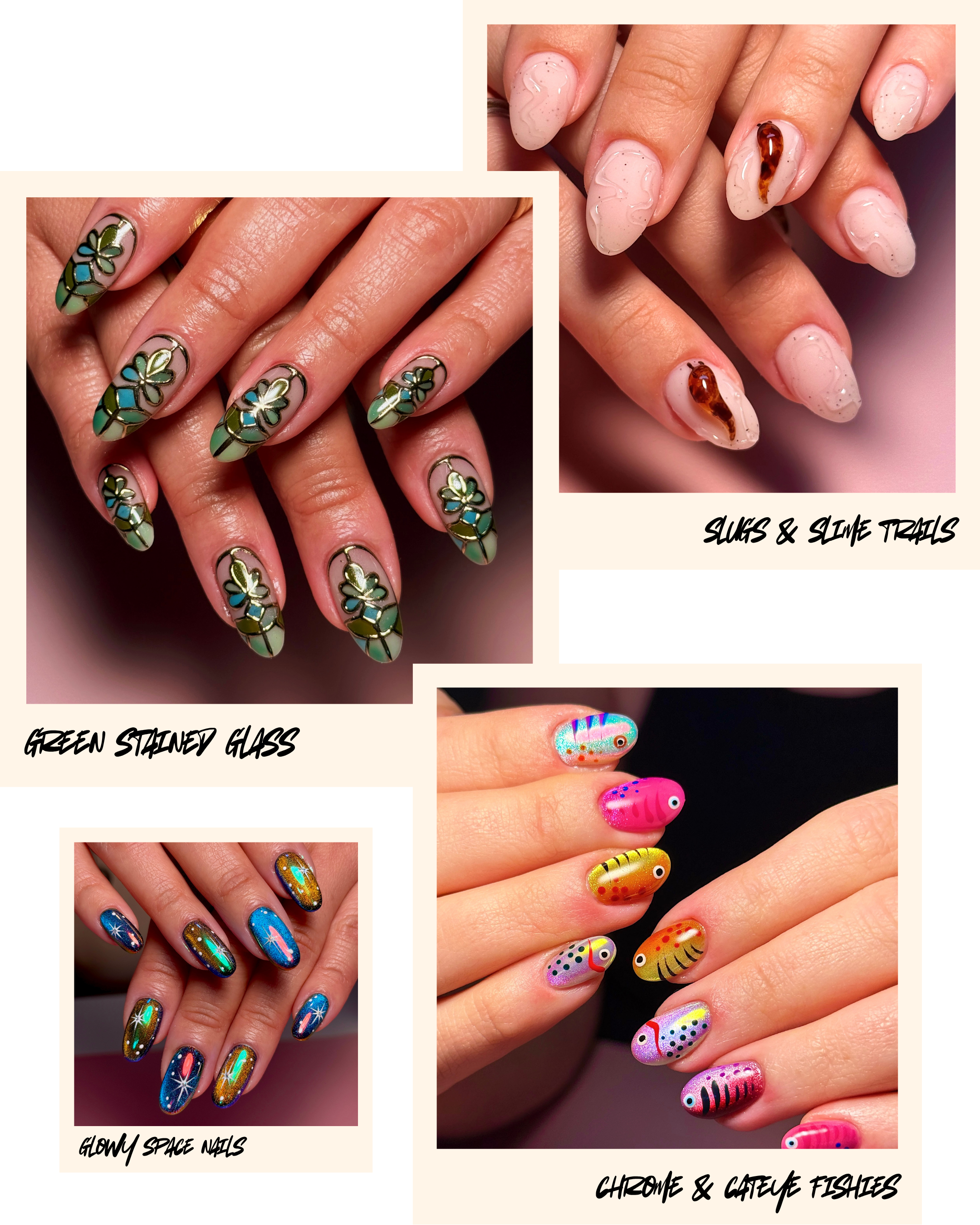 A collage of four images showing various colorful and creative nail designs. The top left image displays nails with a glossy, pale pink base with subtle glitter and swirl patterns. The top right image features nails decorated with small tiki face designs on a pale pink background. The bottom left image showcases nails with a holographic space theme, including stars and planets against a dark, shiny background. The bottom right image depicts nails painted with bright, playful fish and marine life illustrations in vibrant colors.