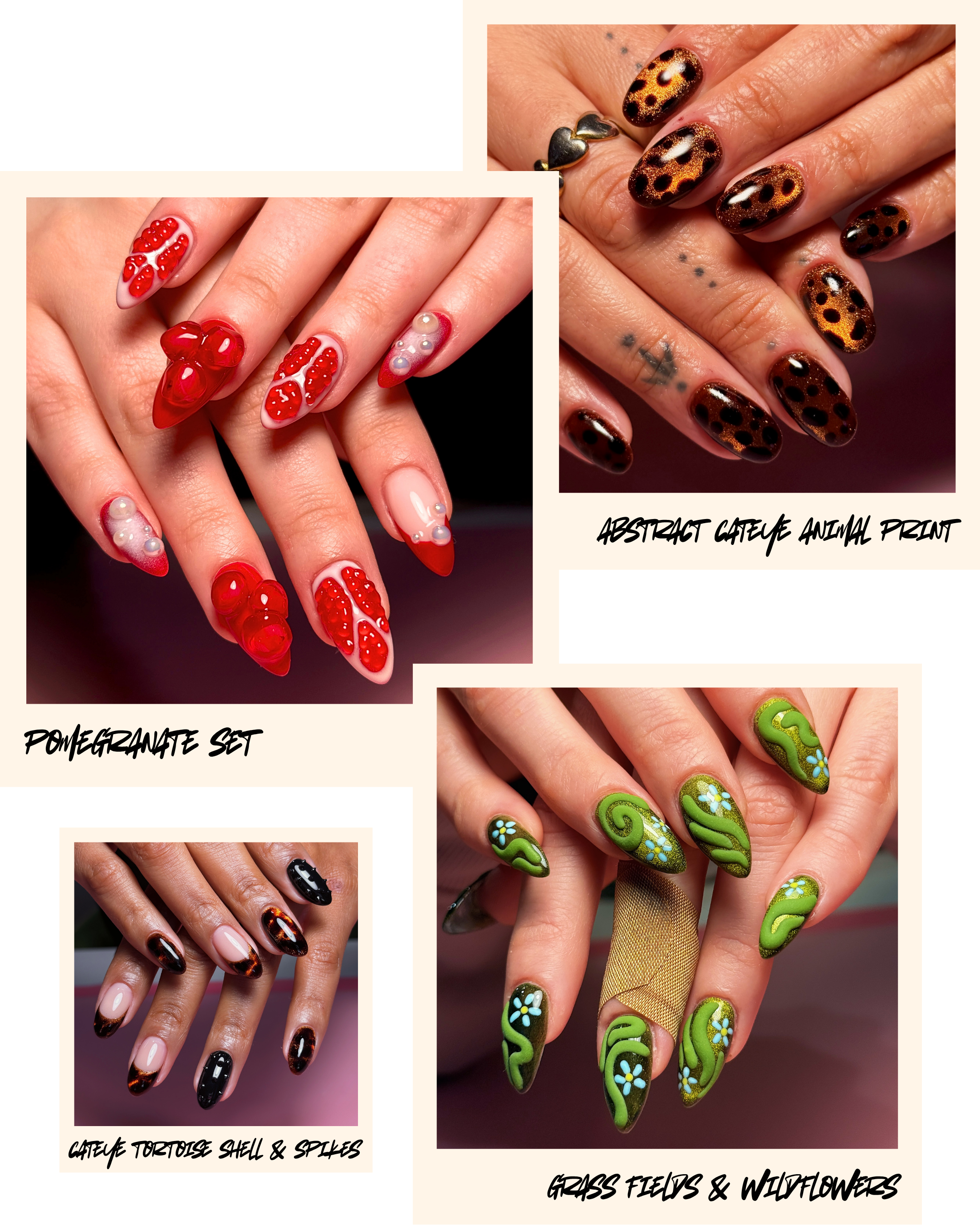 Close-up of various manicured nails with different animal print and nature-inspired designs, including leopard spots, tortoise shell, and grass fields with wildflowers.