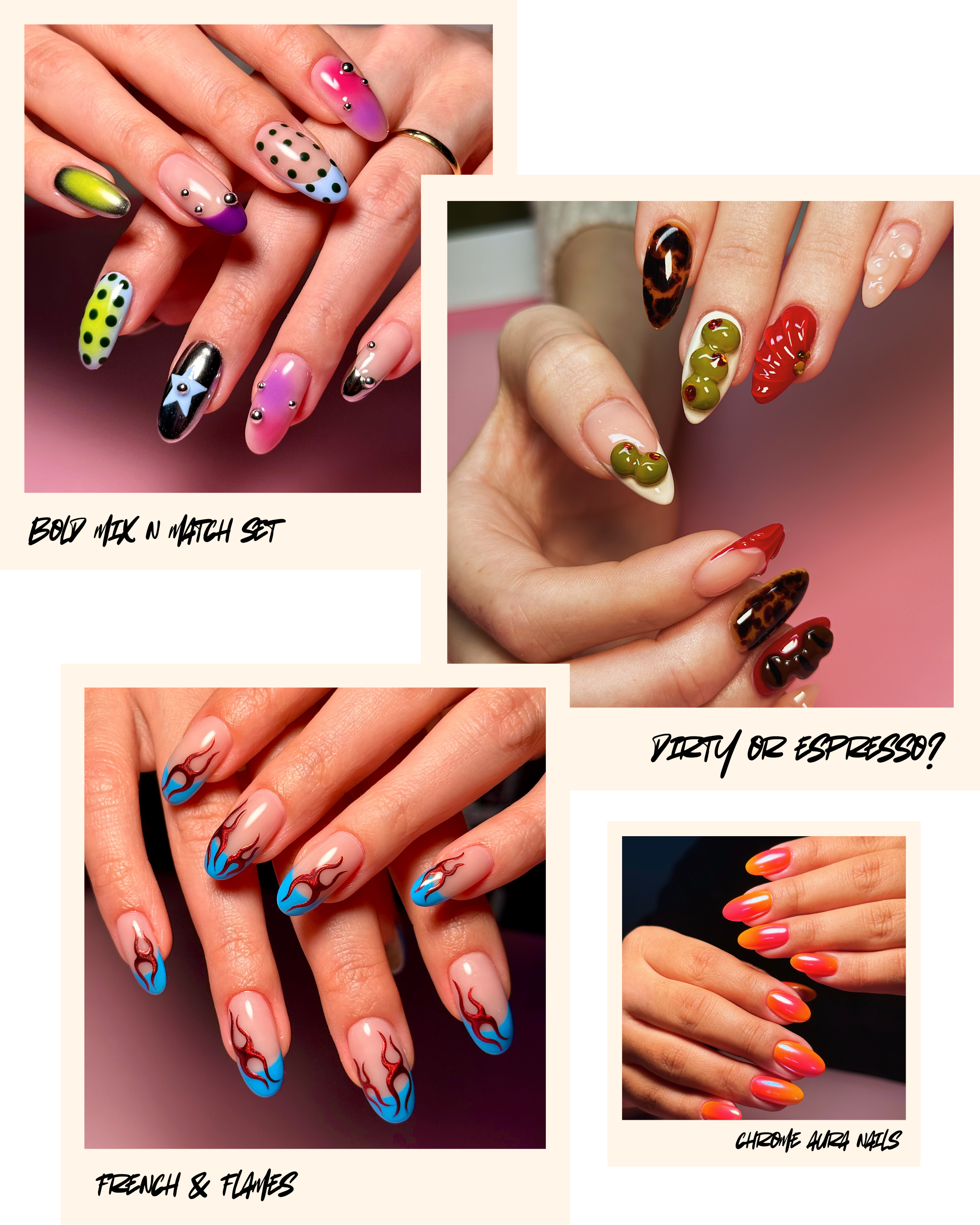 Three different sets of decorated nails with various nail art designs. The first set features bold mixed and matching designs, including polka dots, metallic finishes, and gems. The second set has a fiery theme with flame patterns on blue and orange tips. The third set showcases chrome, aura, and colorful gradient nails.
