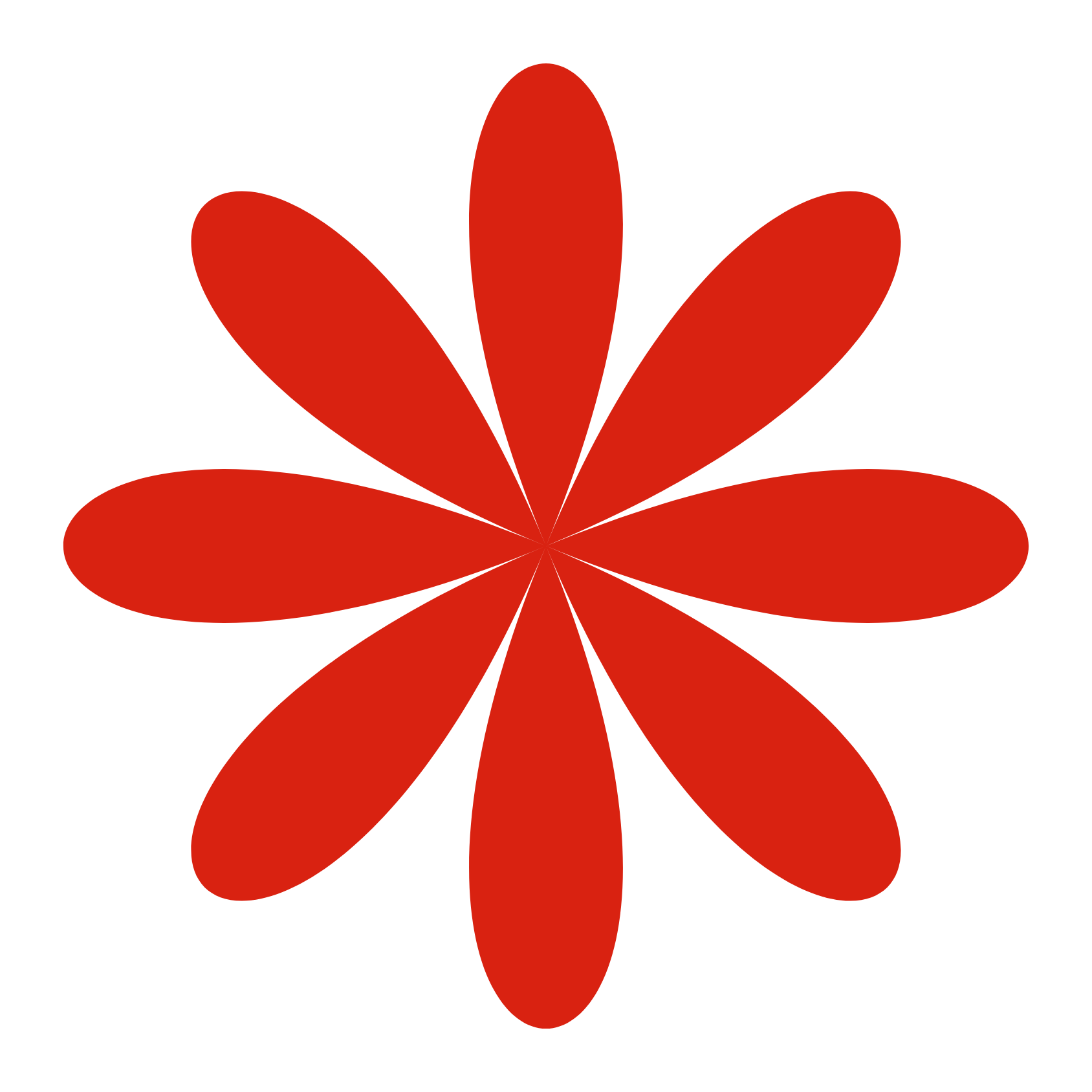 A digital illustration of a symmetrical flower with eight red petals on a black background.