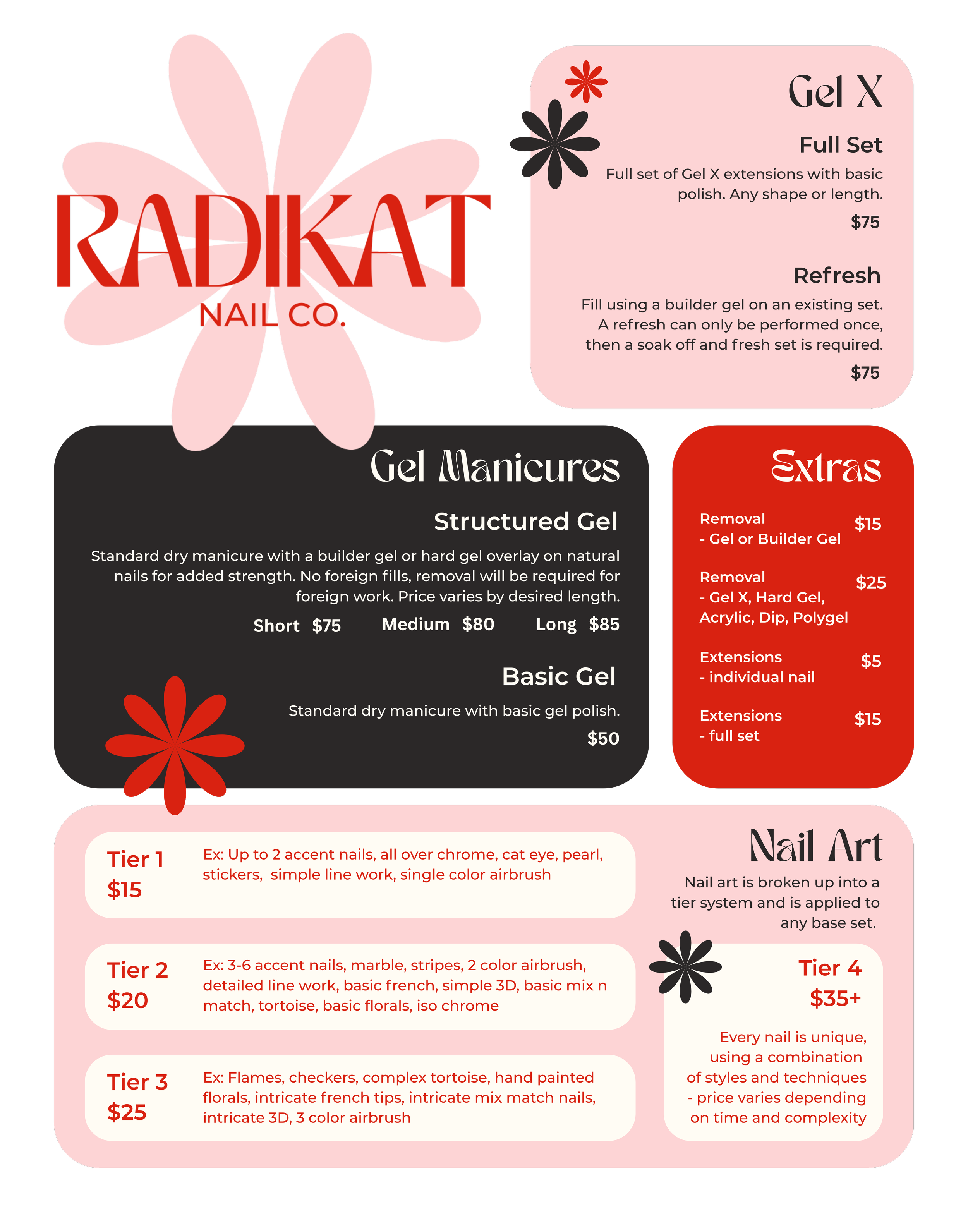 A nail salon menu displaying various nail services with descriptions and prices. The menu is styled with a pink, black, and red color scheme, featuring floral accents and large text describing different tiered nail art options.
