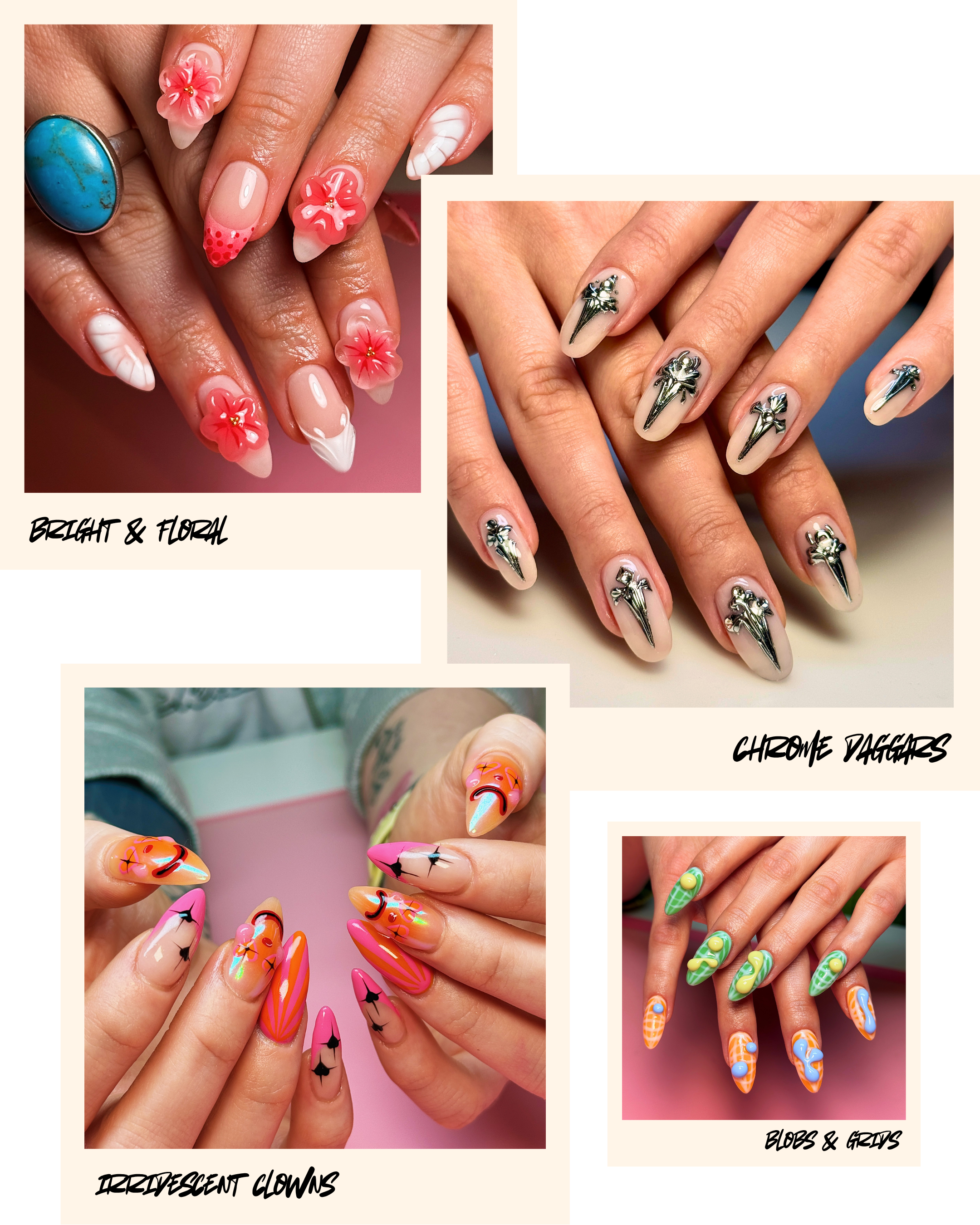 Close-up of four sets of decorated fingernails, showcasing different vibrant nail art styles. The first set features bright floral and chrome designs, the second set displays chrome daggers, the third set shows iridescent clown and colorful designs, and the fourth set has blobs, greens, and grins.