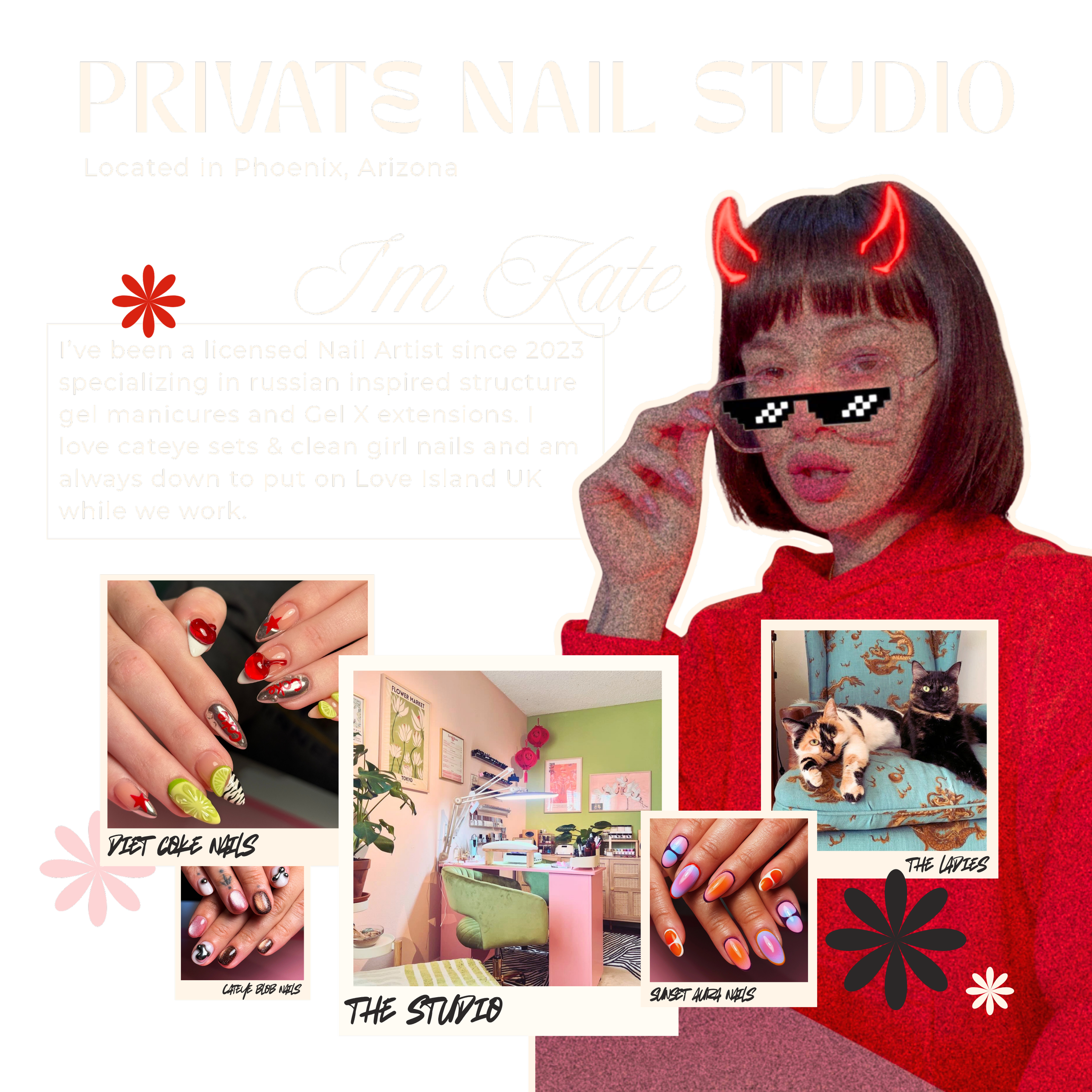 A collage of images related to a nail studio named 'Private Nail Studio' located in Phoenix, Arizona. It includes pictures of decorated nails, the studio interior, and a person with red devil horns and pixel sunglasses.